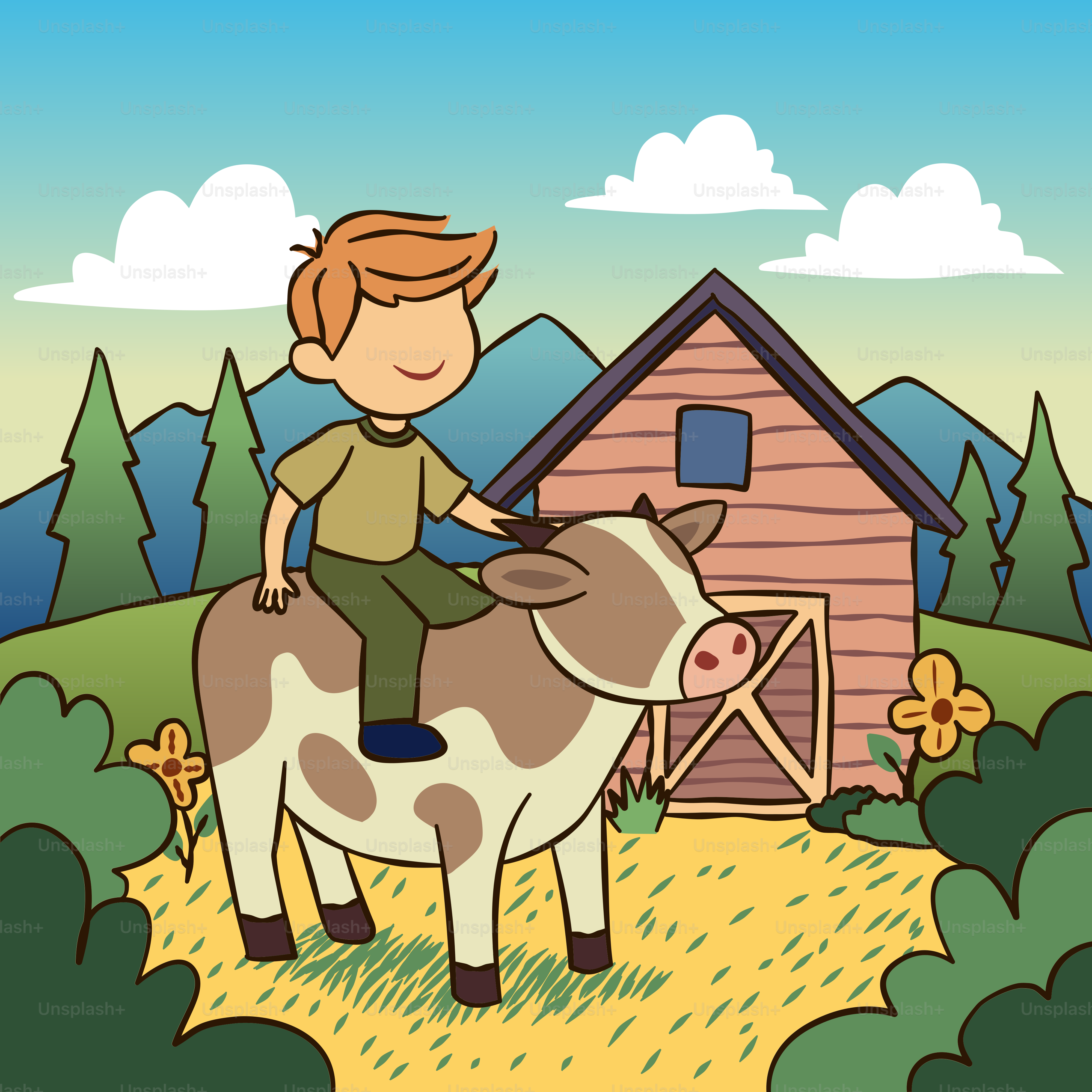 Ein Junge, der auf dem Rücken einer Kuh reitet