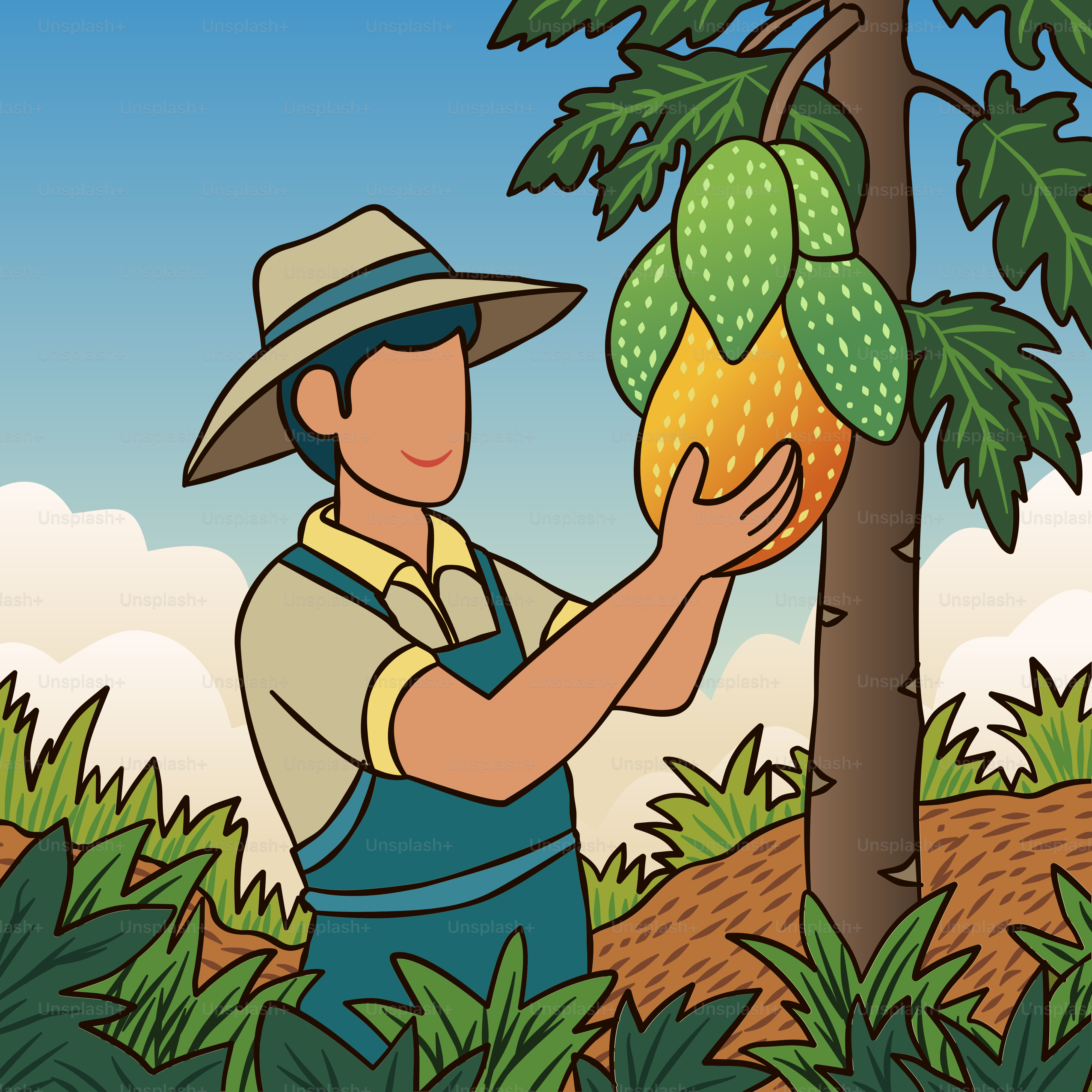 A man in a hat picking fruit from a tree