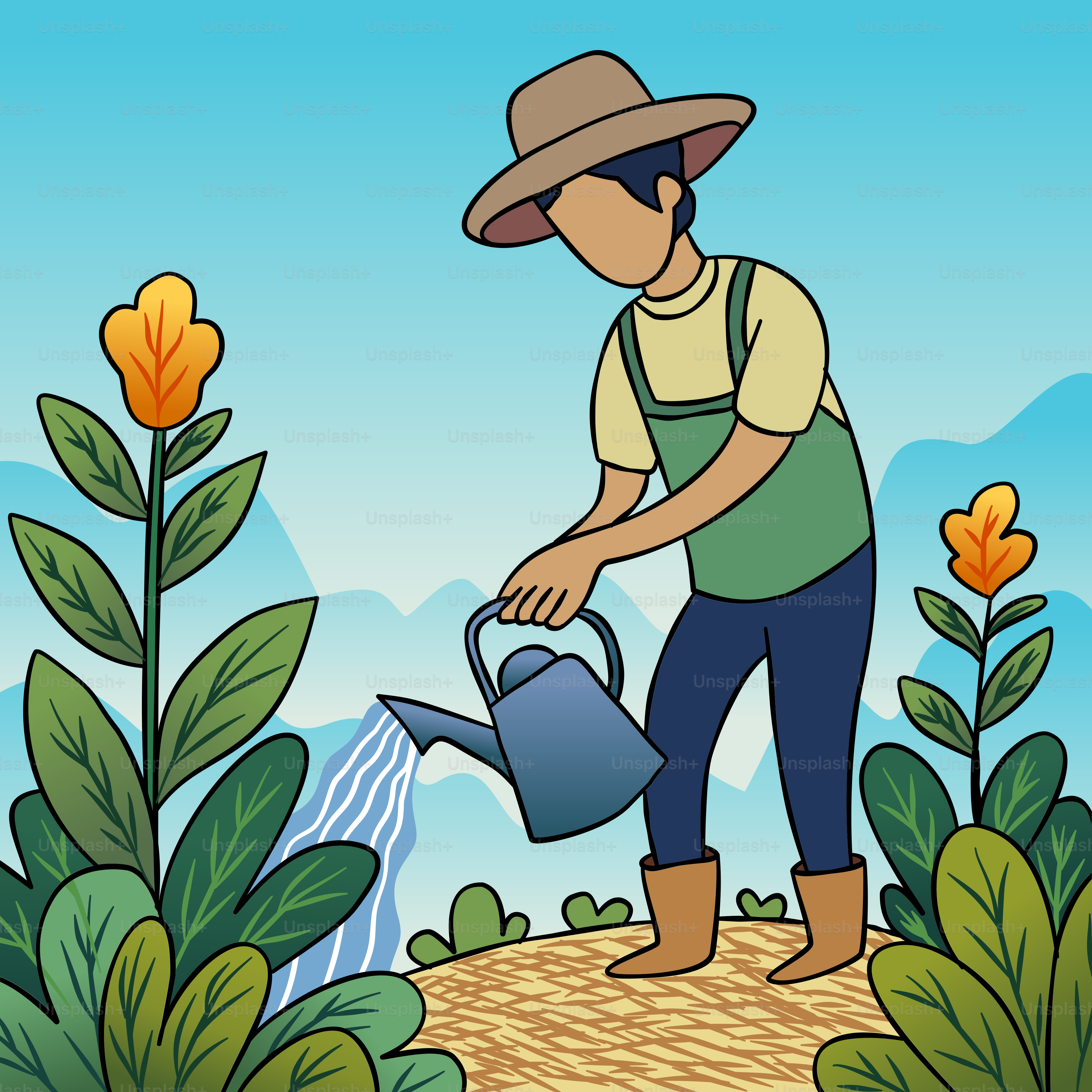 A man with a hat is watering flowers