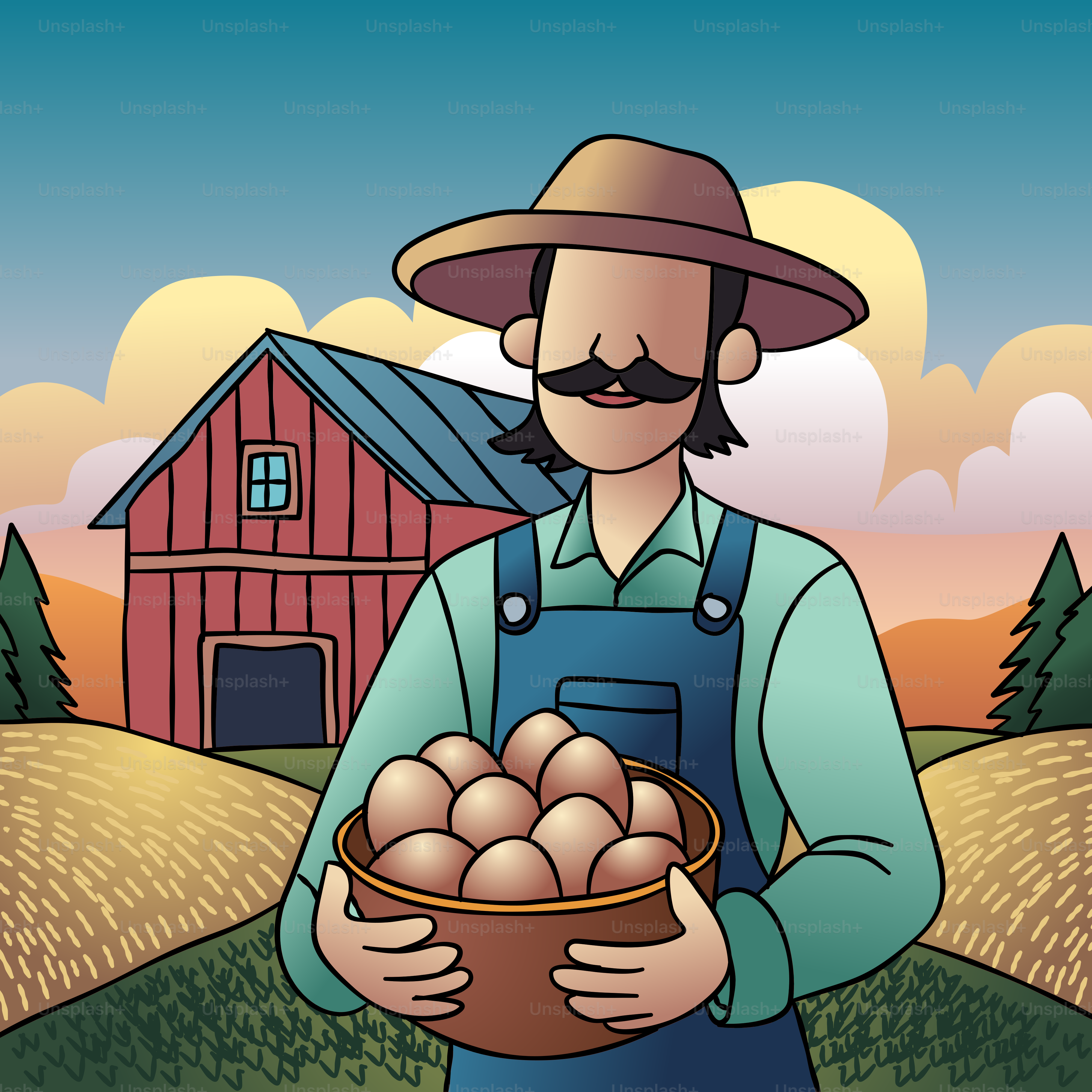 A man holding a basket of eggs in front of a barn
