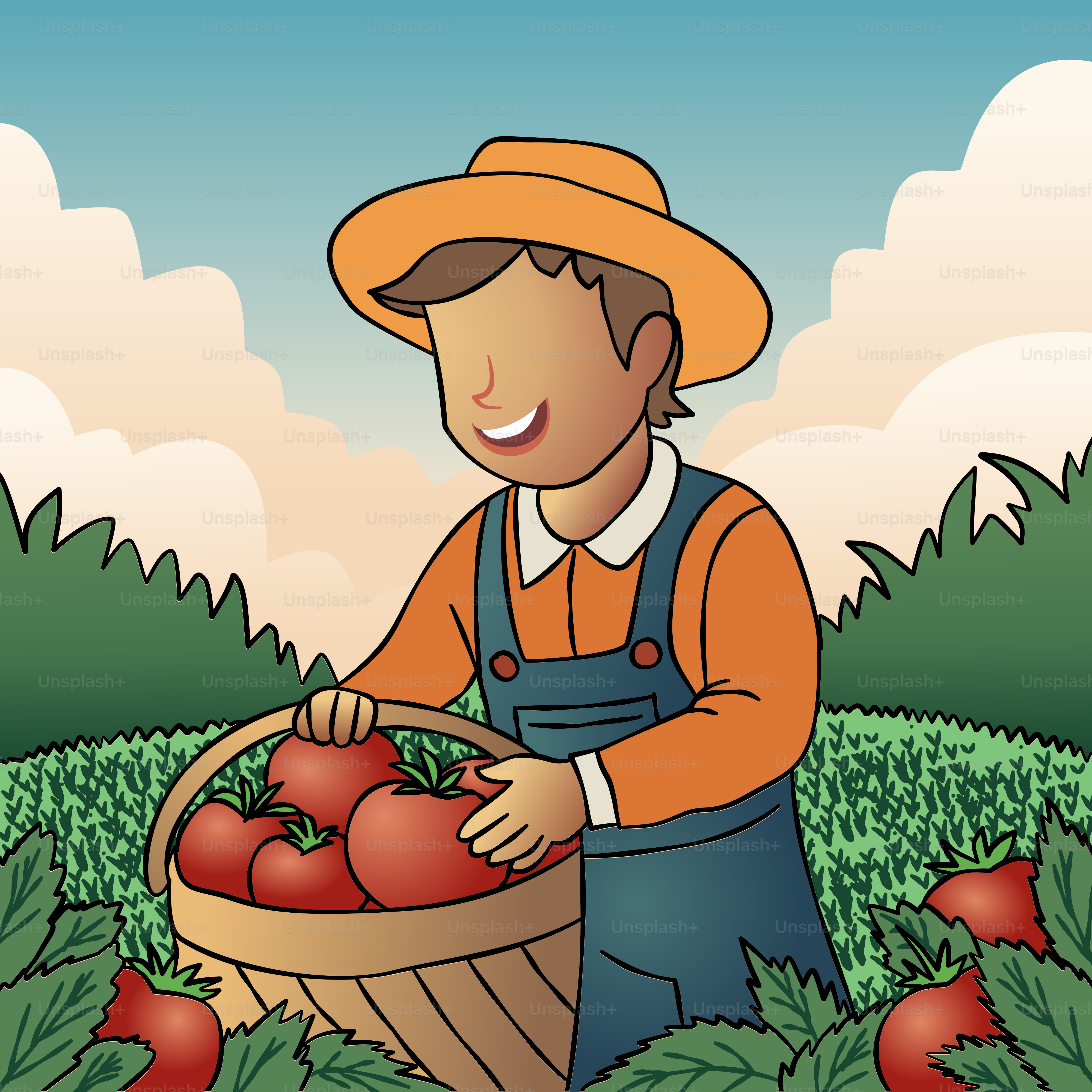 A cartoon of a man picking tomatoes in a field