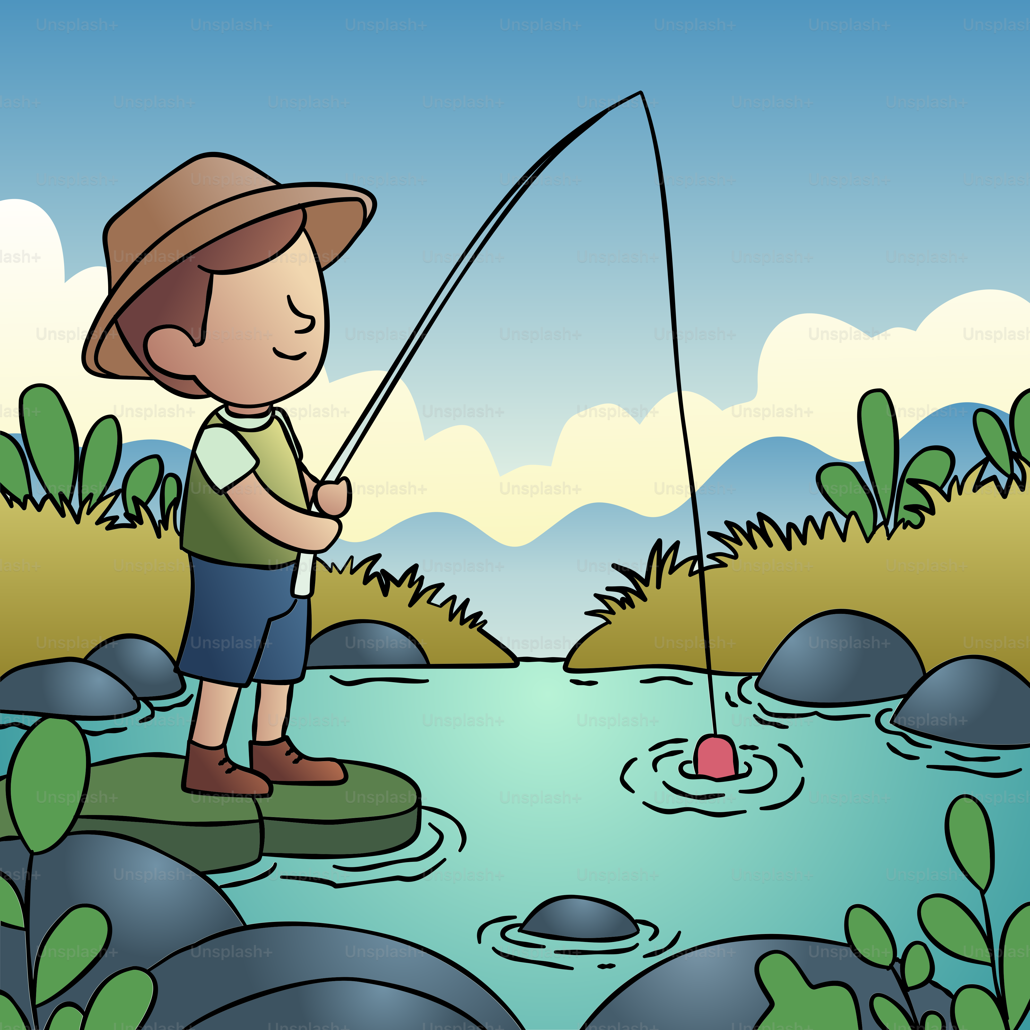A boy fishing in a river with rocks and plants