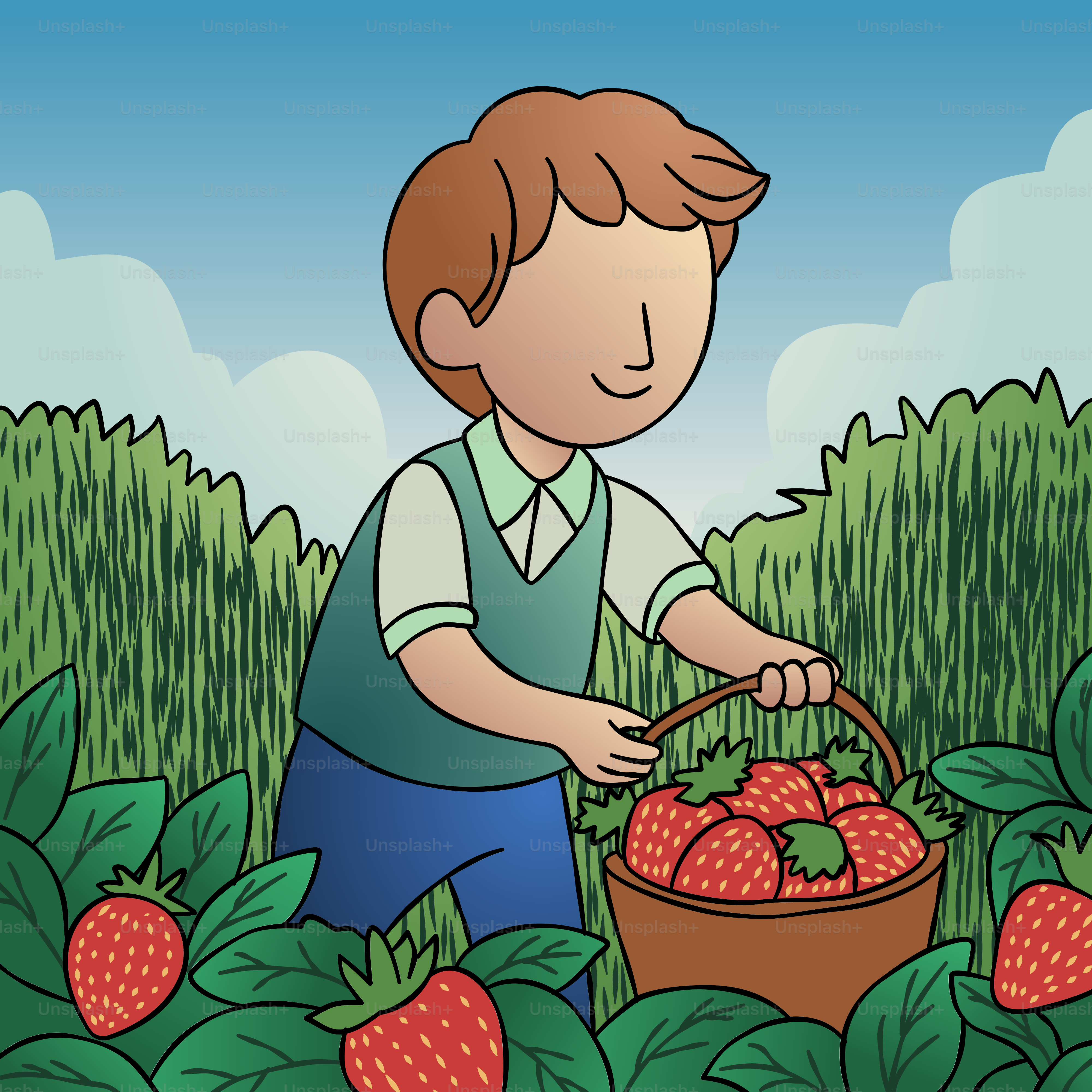 Un homme cueille des fraises dans un champ