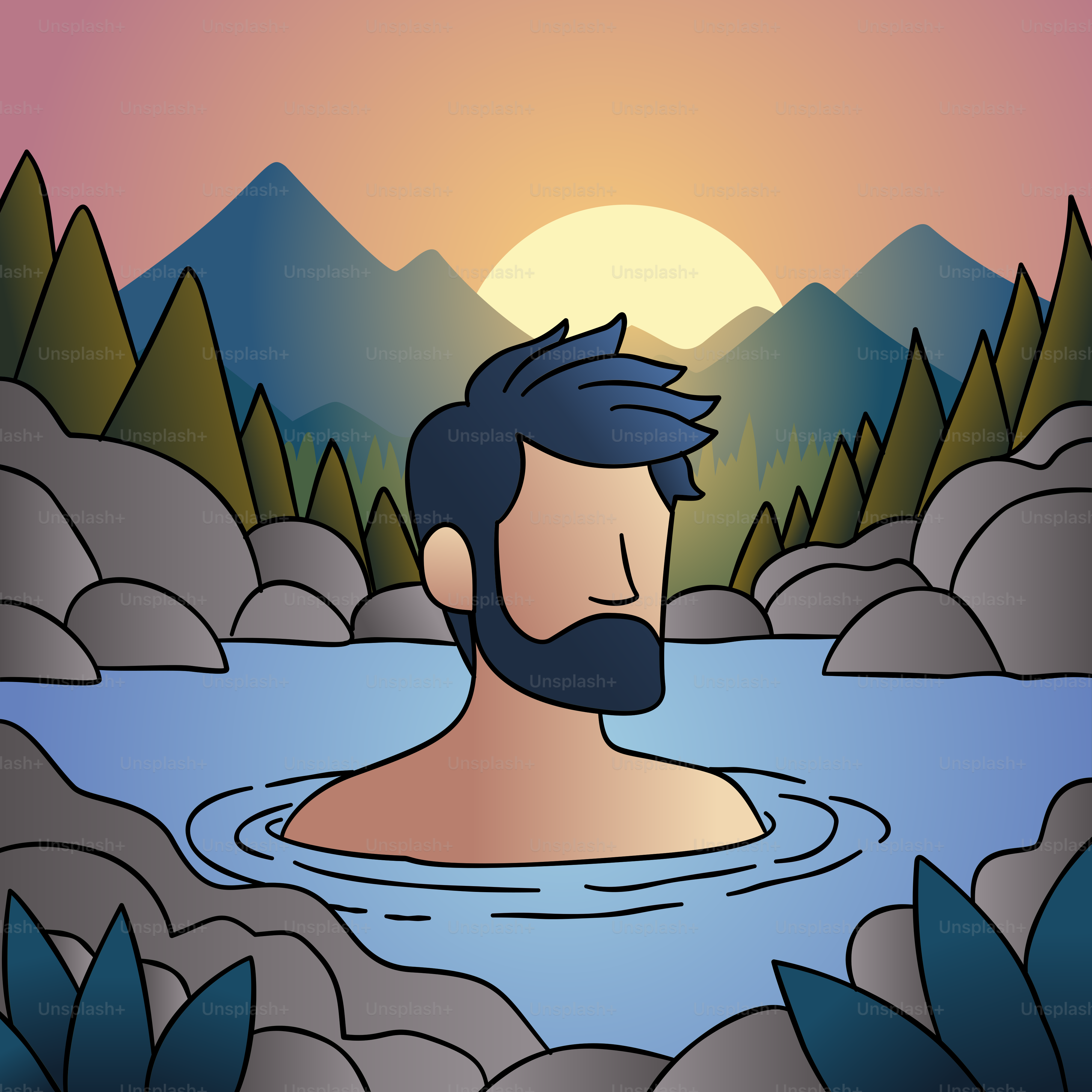 A man swimming in a river with mountains in the background