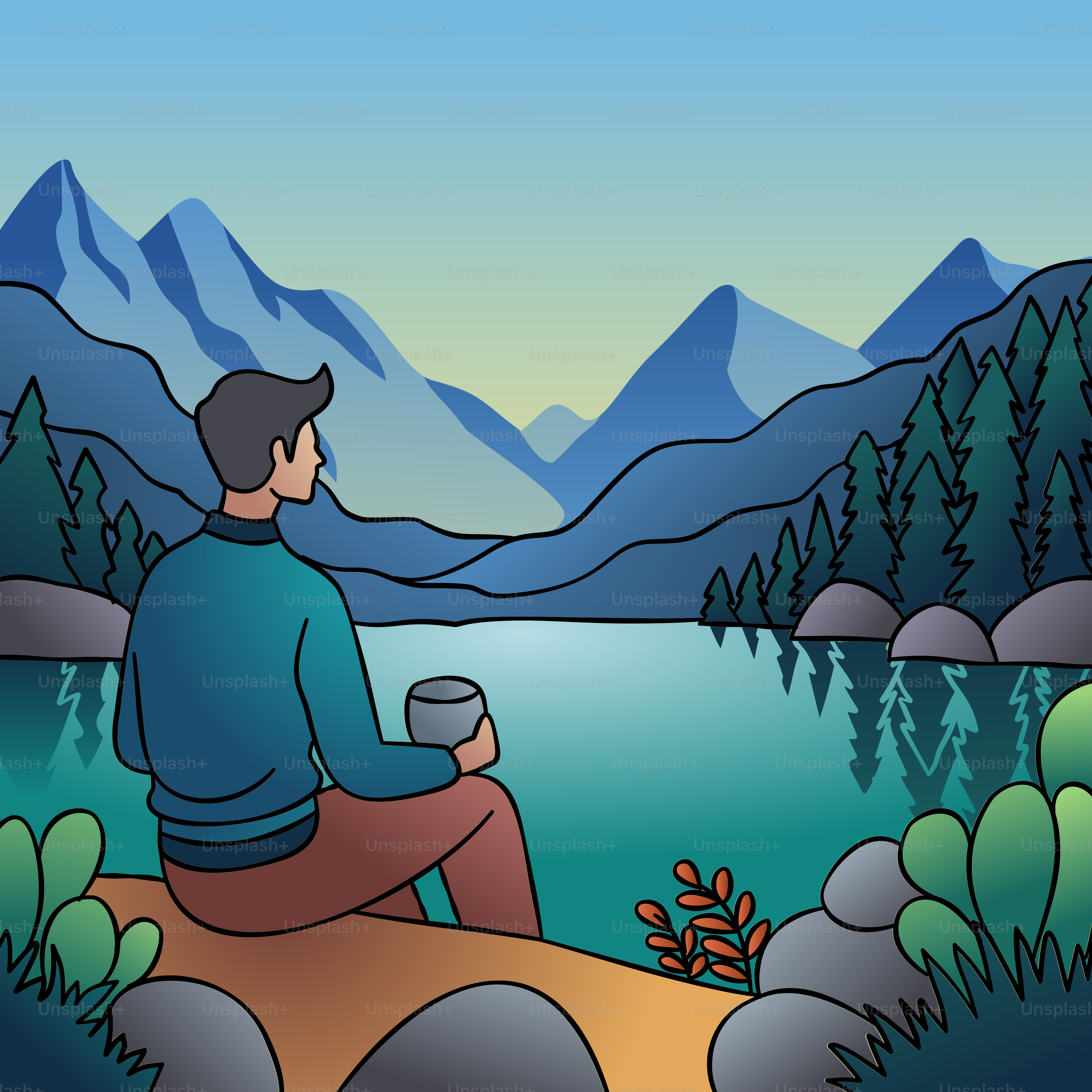 A man sitting on a rock with a cup of coffee