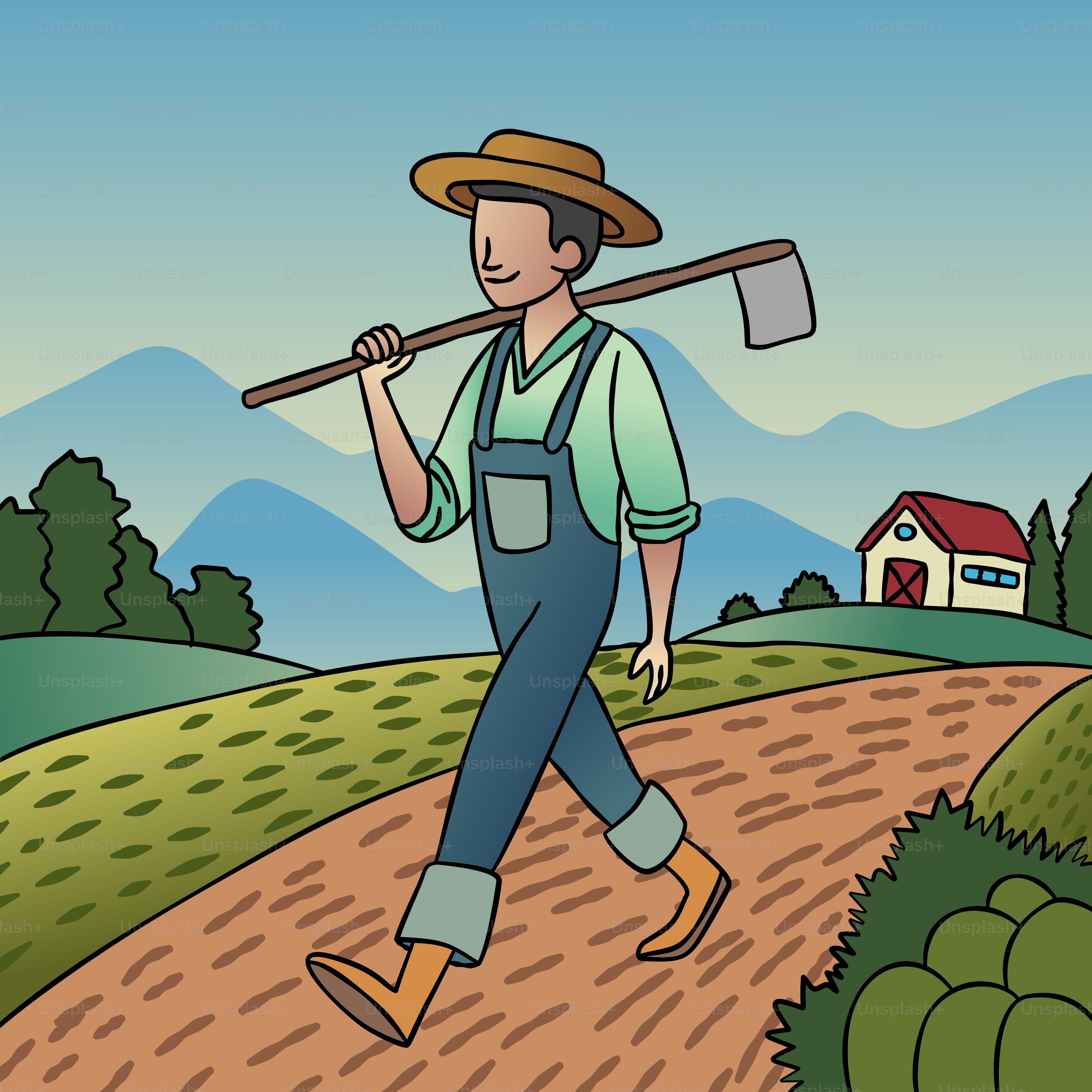 A man walking down a dirt road carrying a shovel