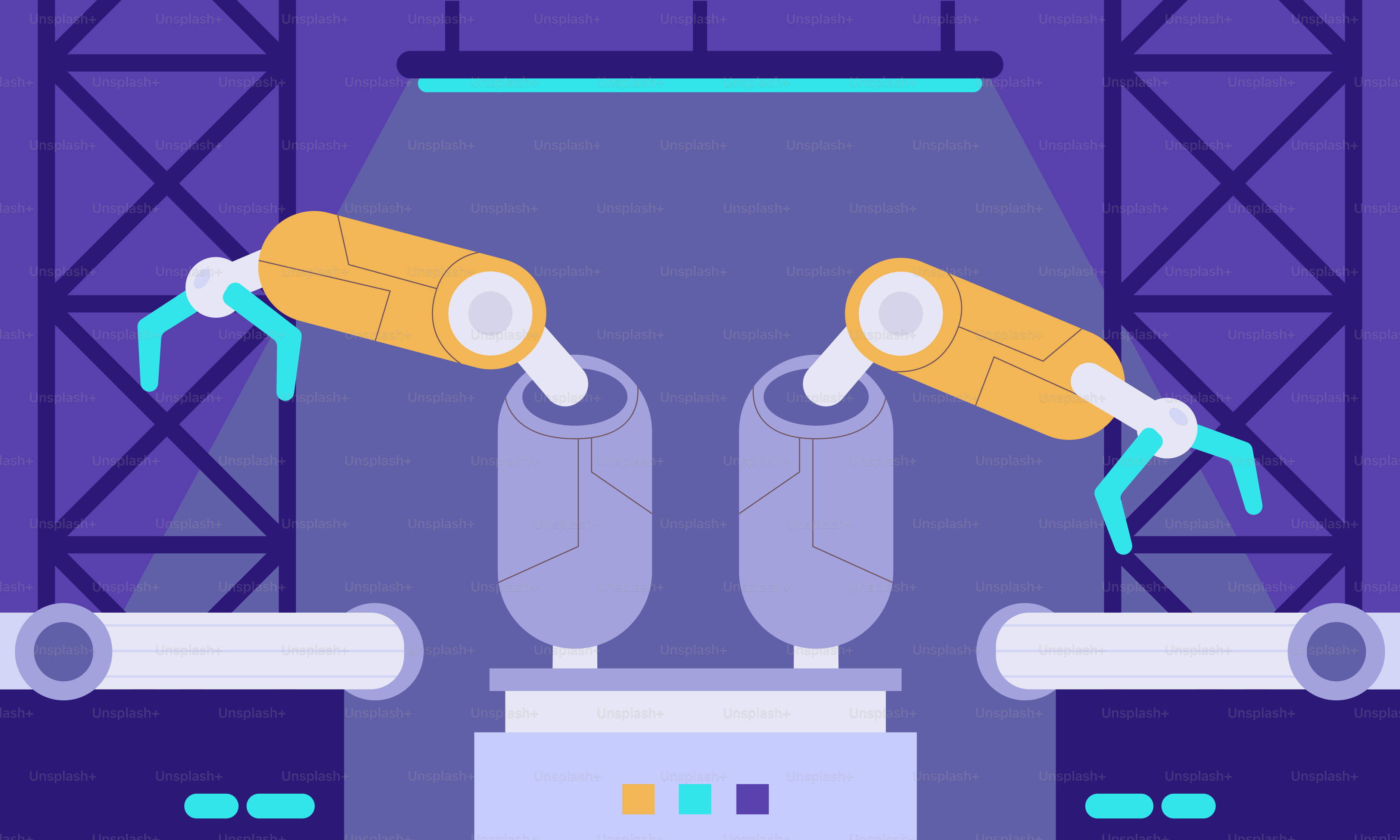 A couple of robots that are standing in front of a stage