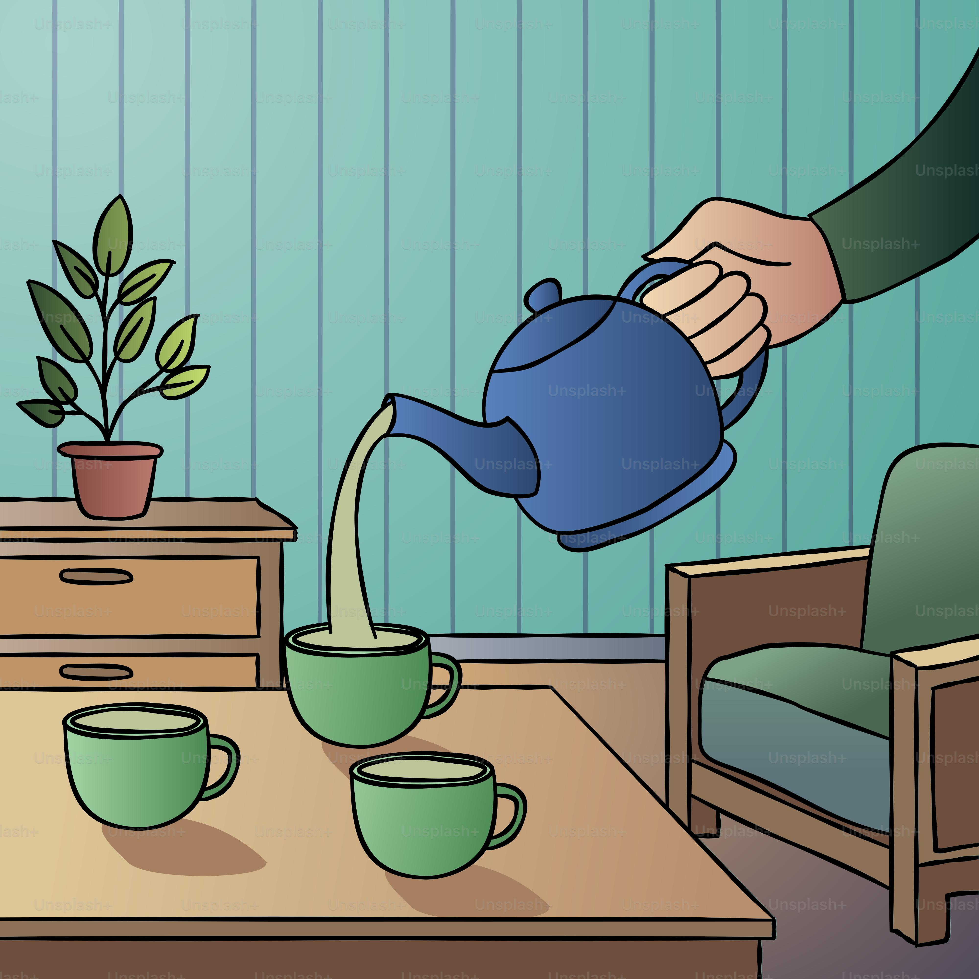 A person pouring water into a cup on a table