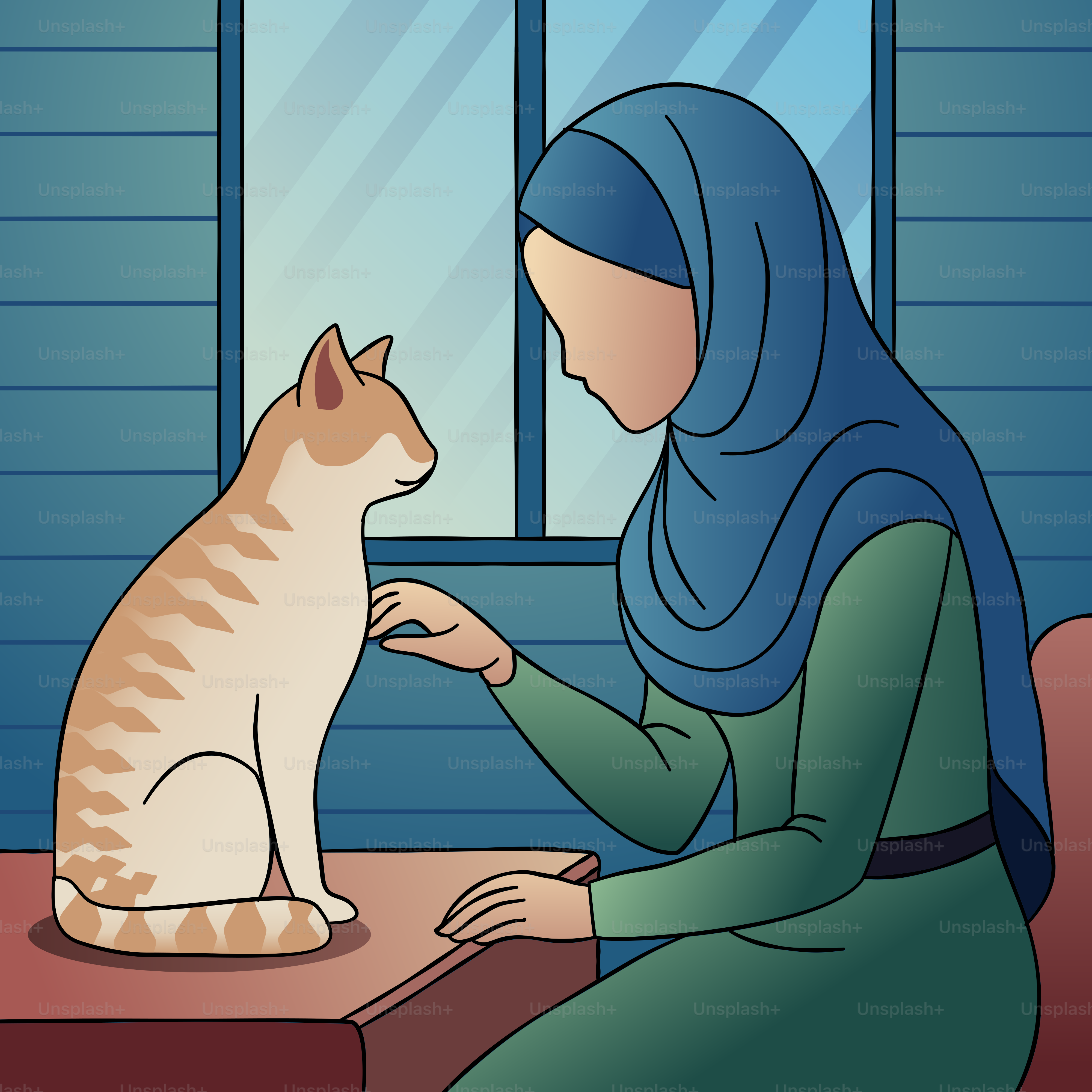 A woman in a hijab petting a cat