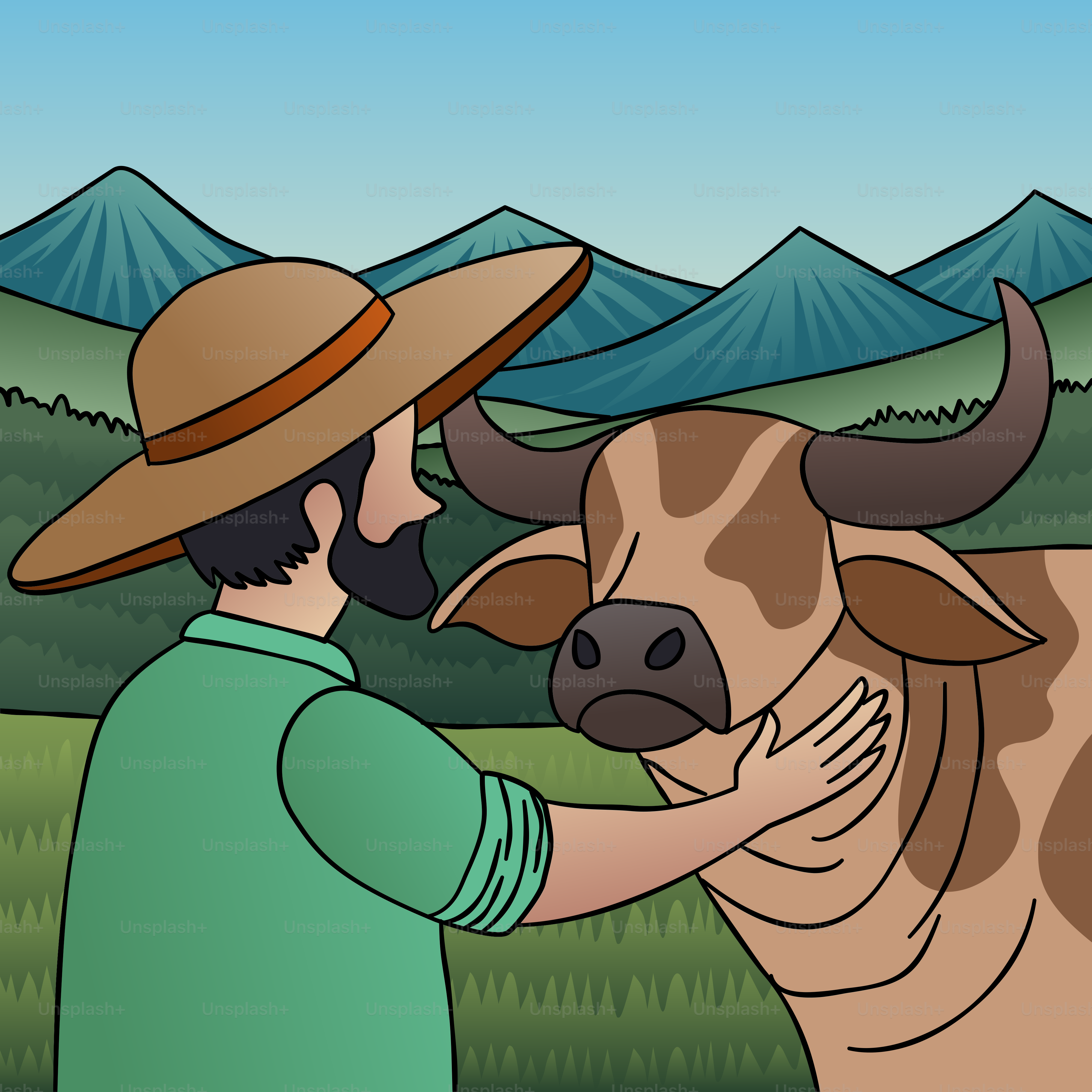 A man is petting a cow in a field