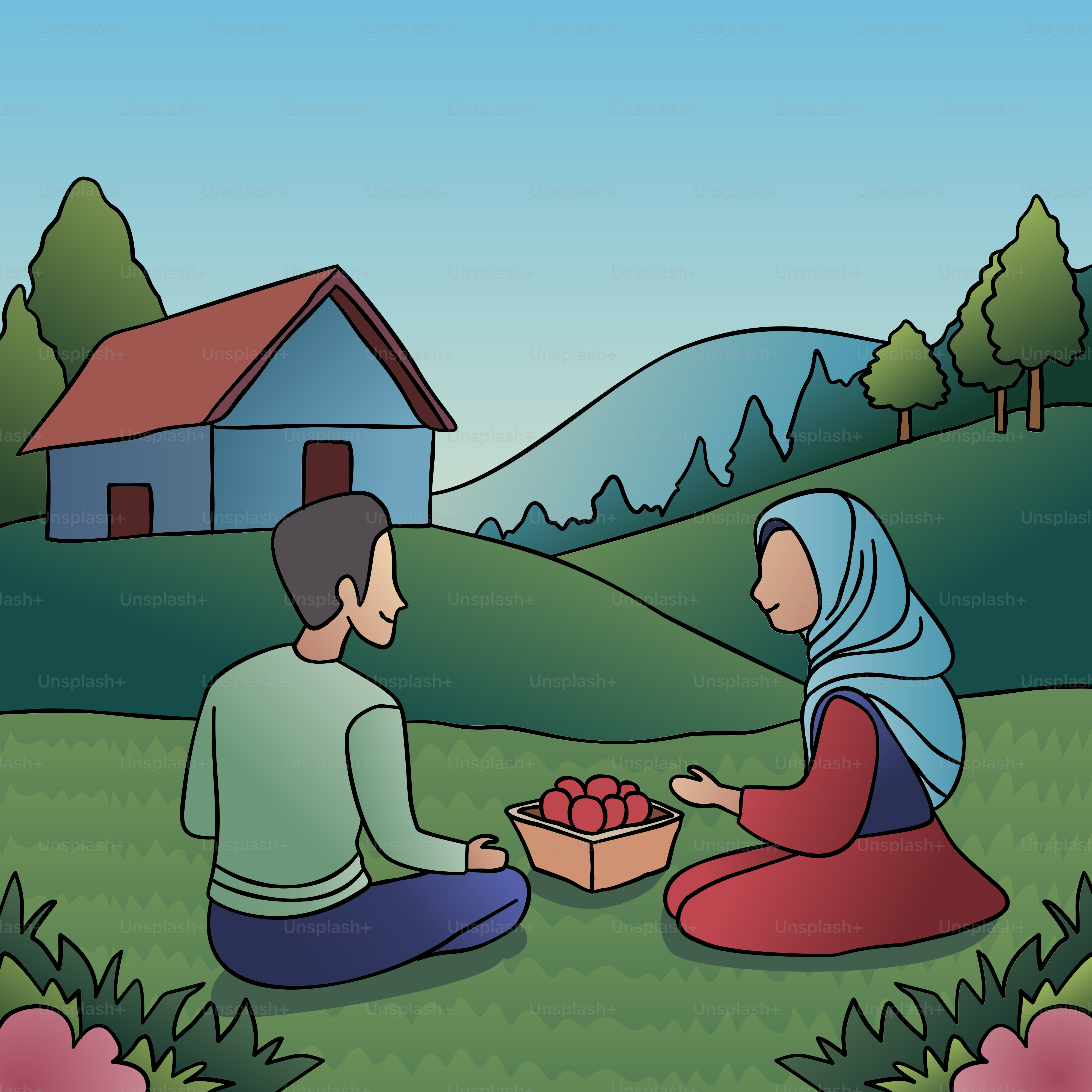 Un homme et une femme assis sur l’herbe avec une boîte de fruits