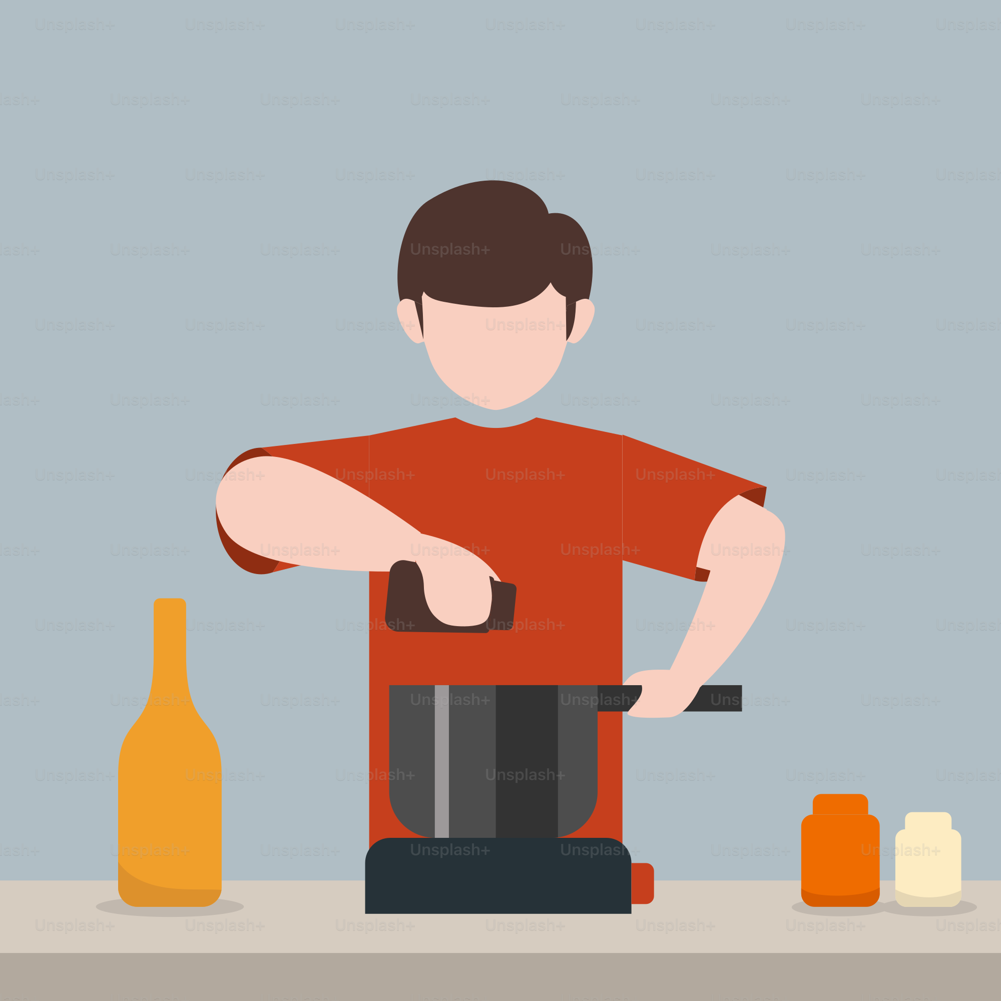 A man standing in front of a counter with bottles