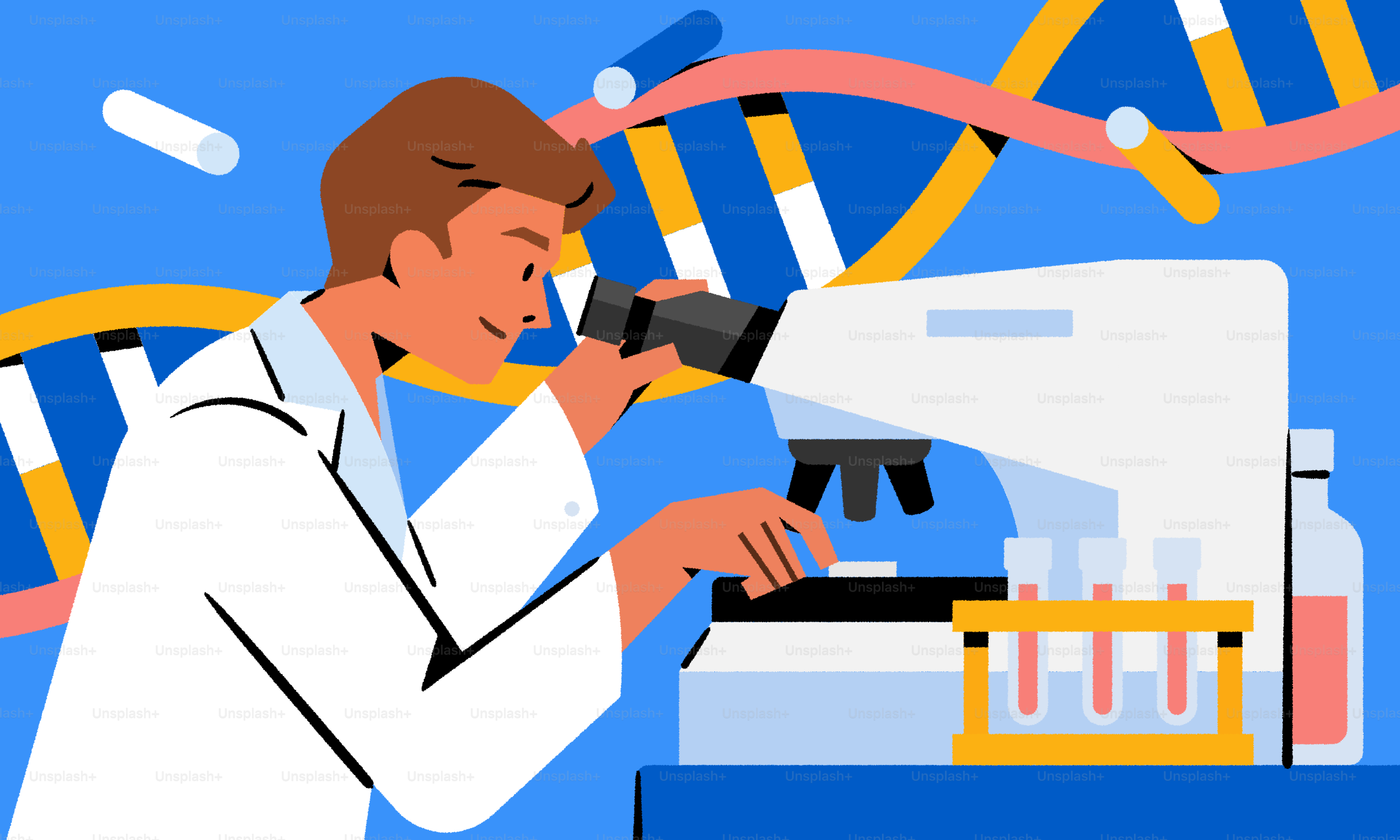 Ein Mann im Laborkittel, der durch ein Mikroskop schaut