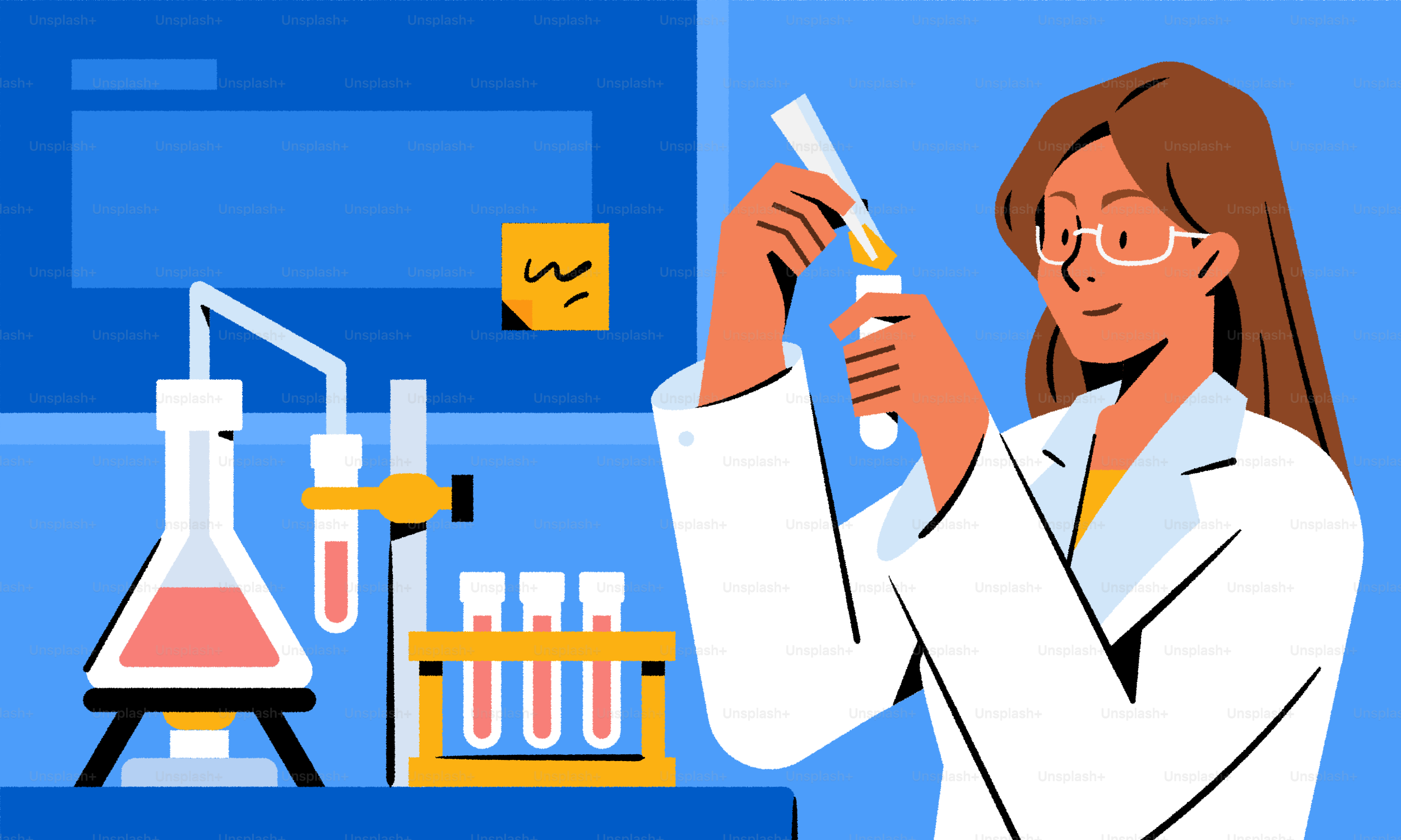 A woman in a lab coat holding a flask