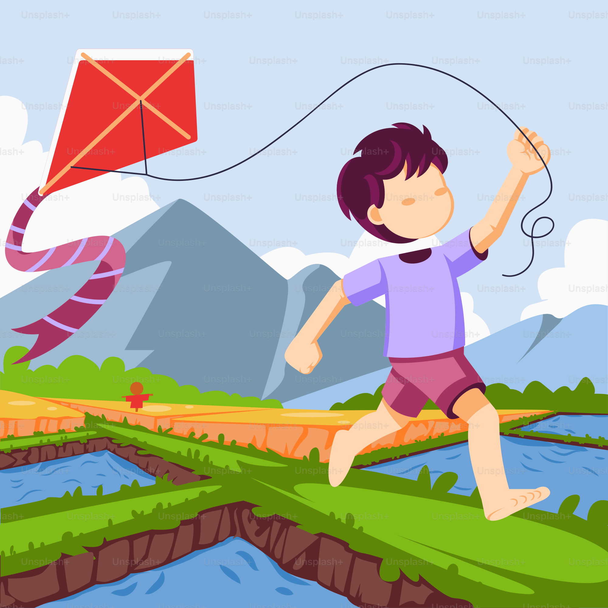 川の上を凧を飛ばす少年