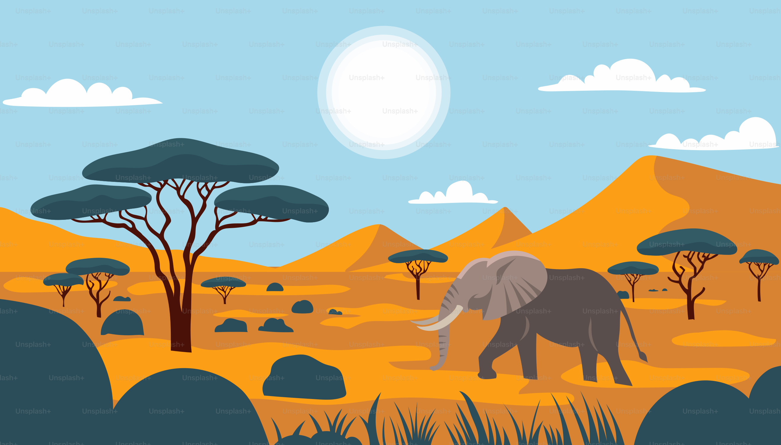 An elephant is walking through a desert landscape