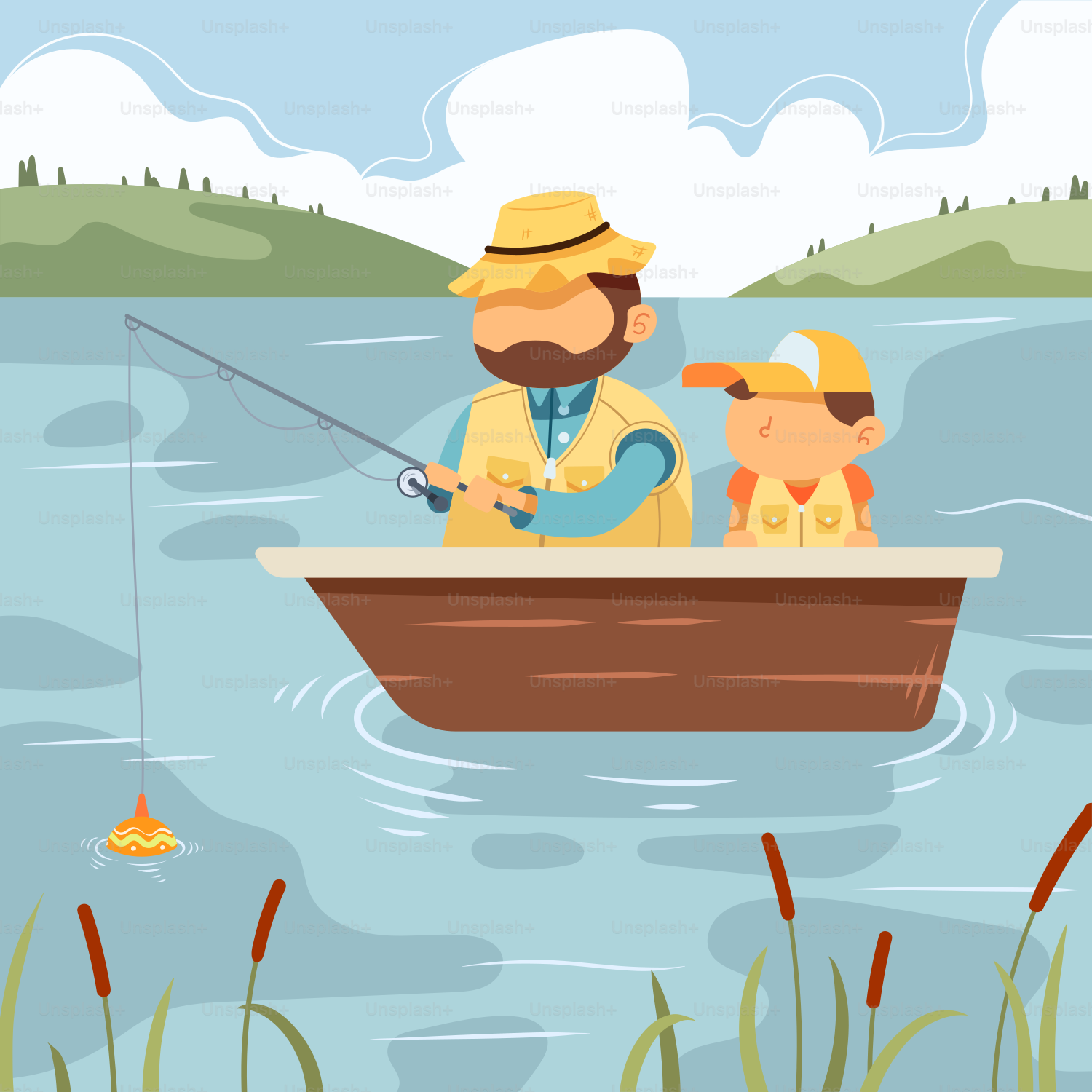 Un hombre y un niño están pescando en un bote