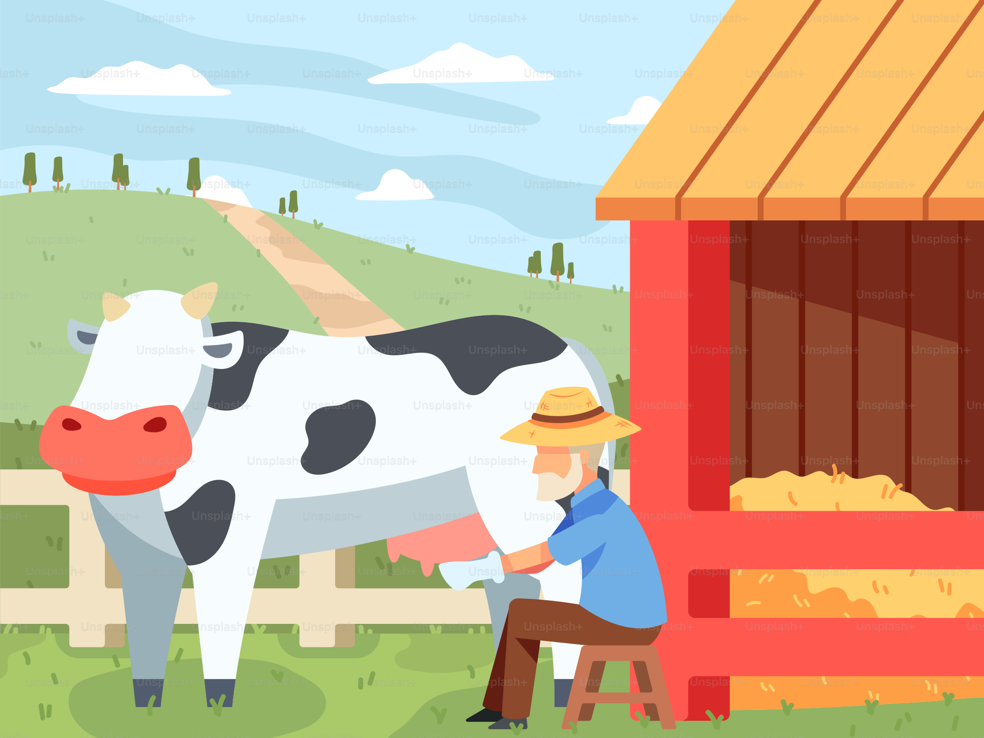 A man is milking a cow outside of a barn