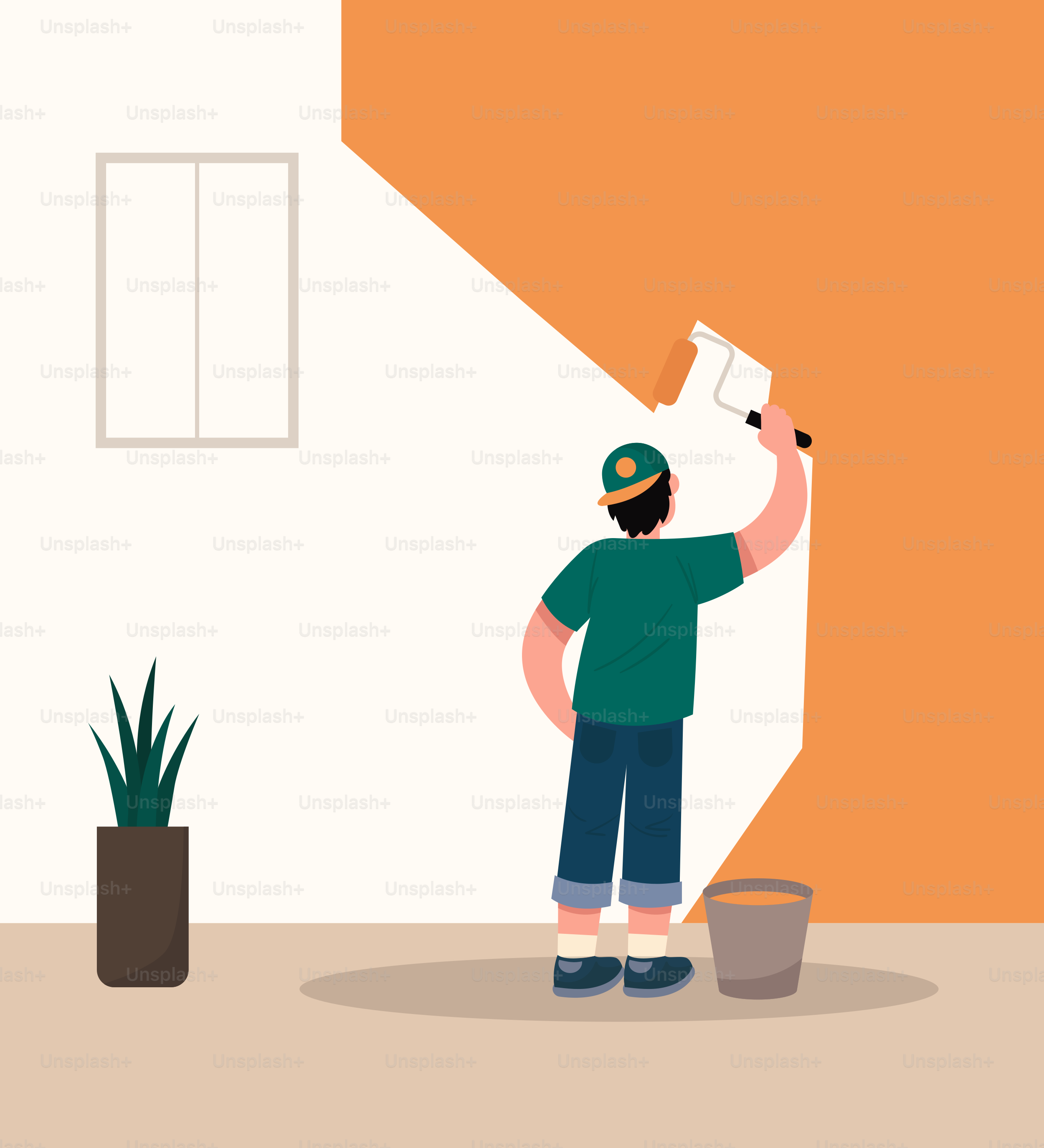A man is painting a room with orange walls