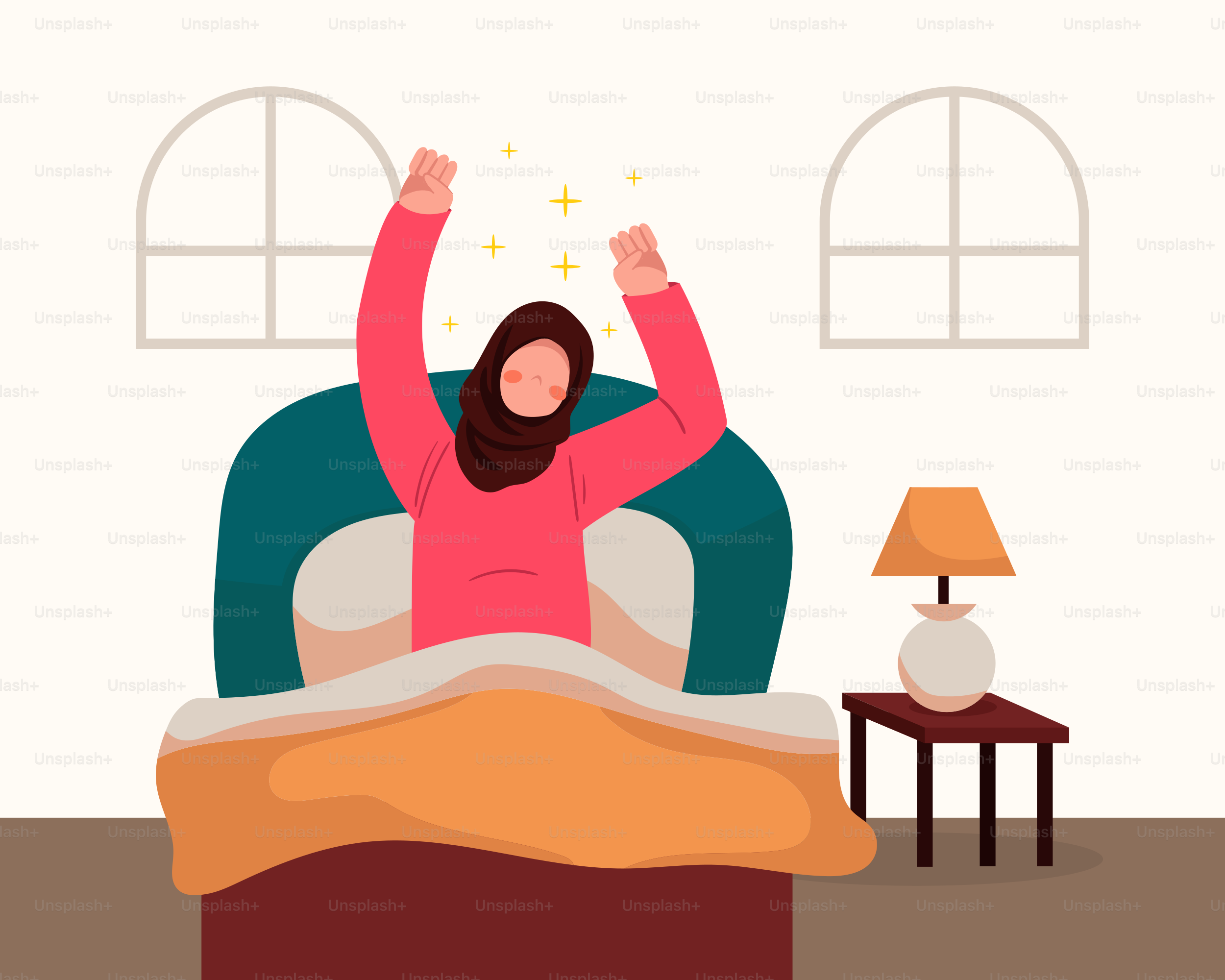 A woman sitting on a bed with her arms in the air
