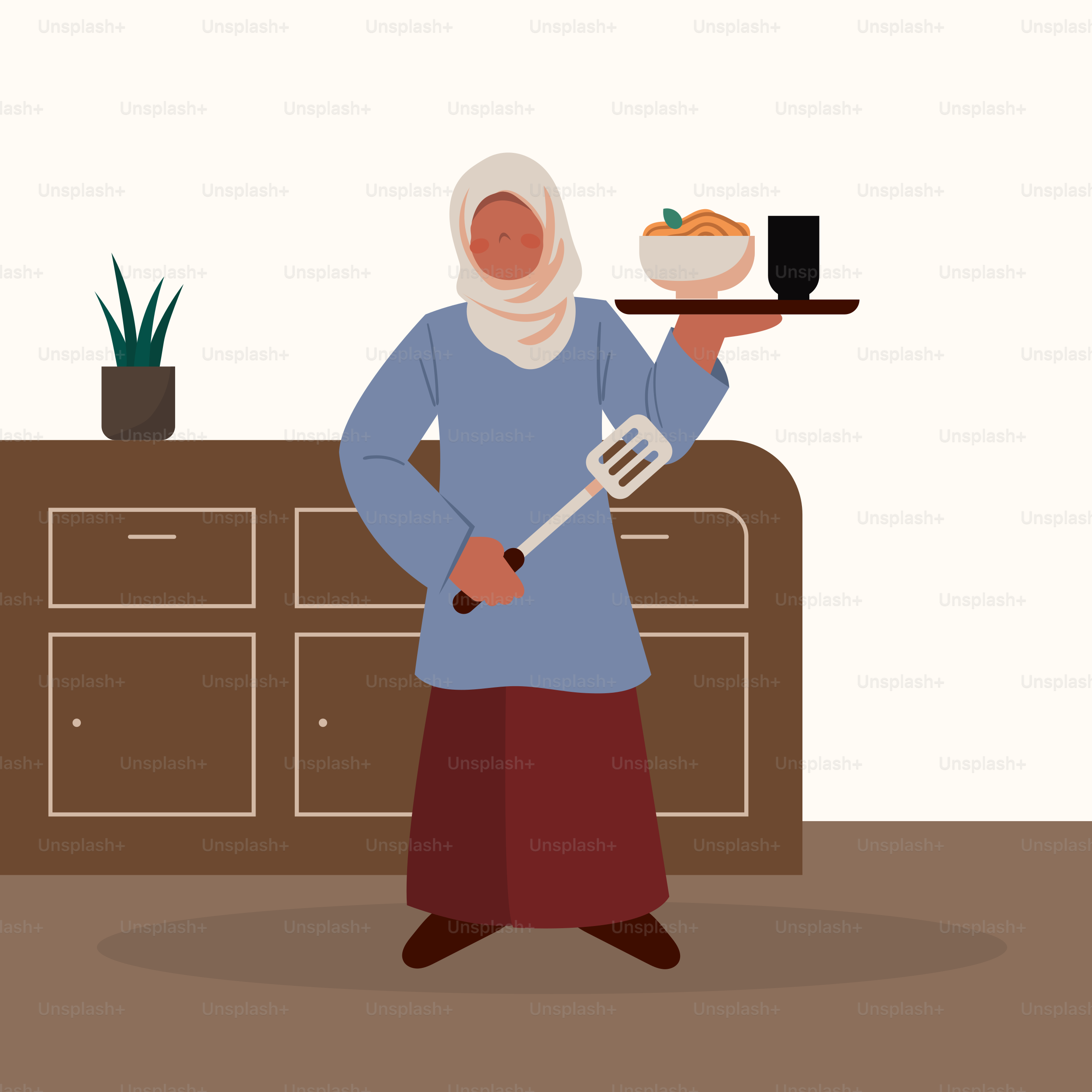 Seorang wanita memegang piring berisi makanan di atasnya