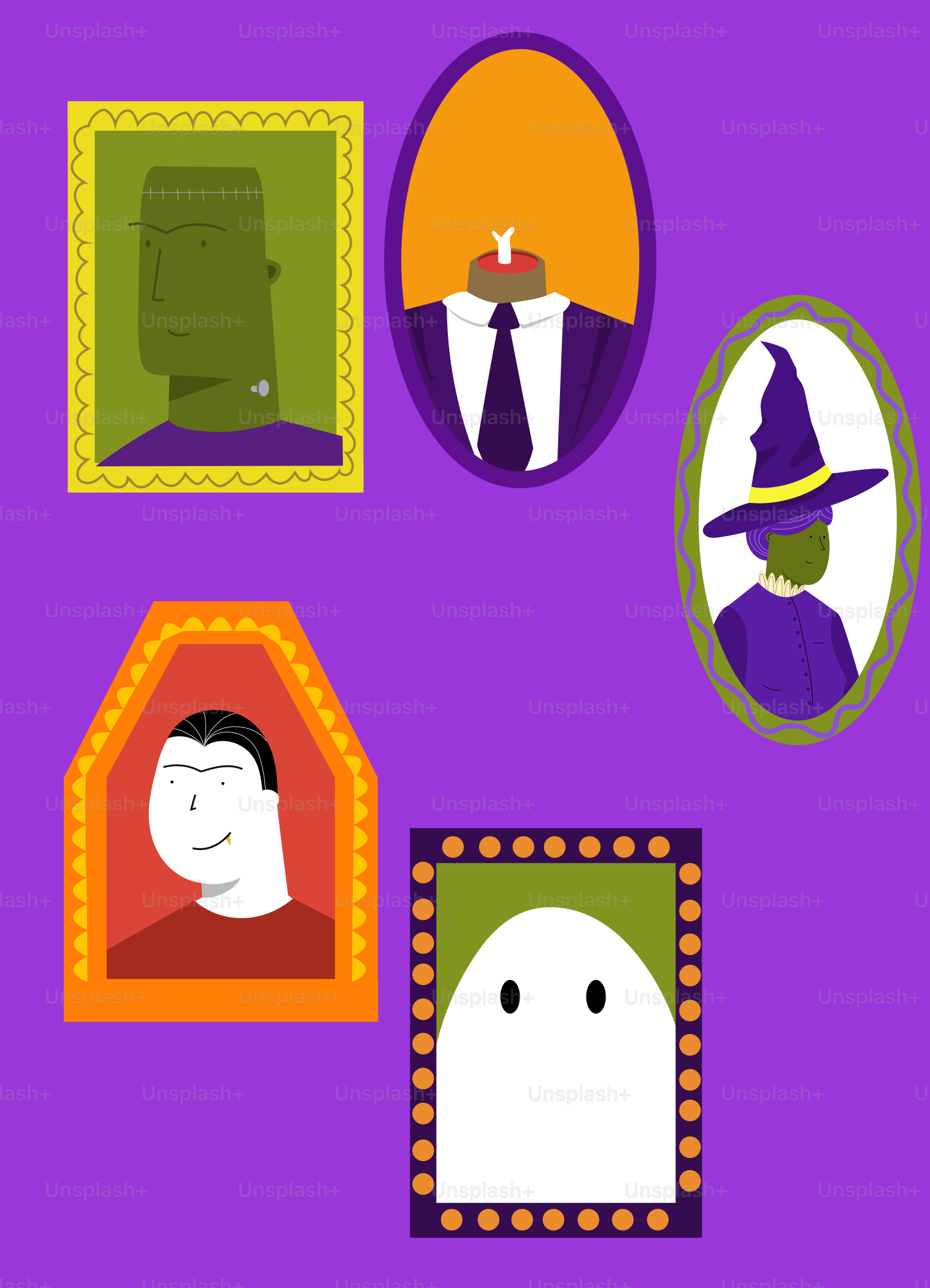 A purple background with a bunch of pictures on it