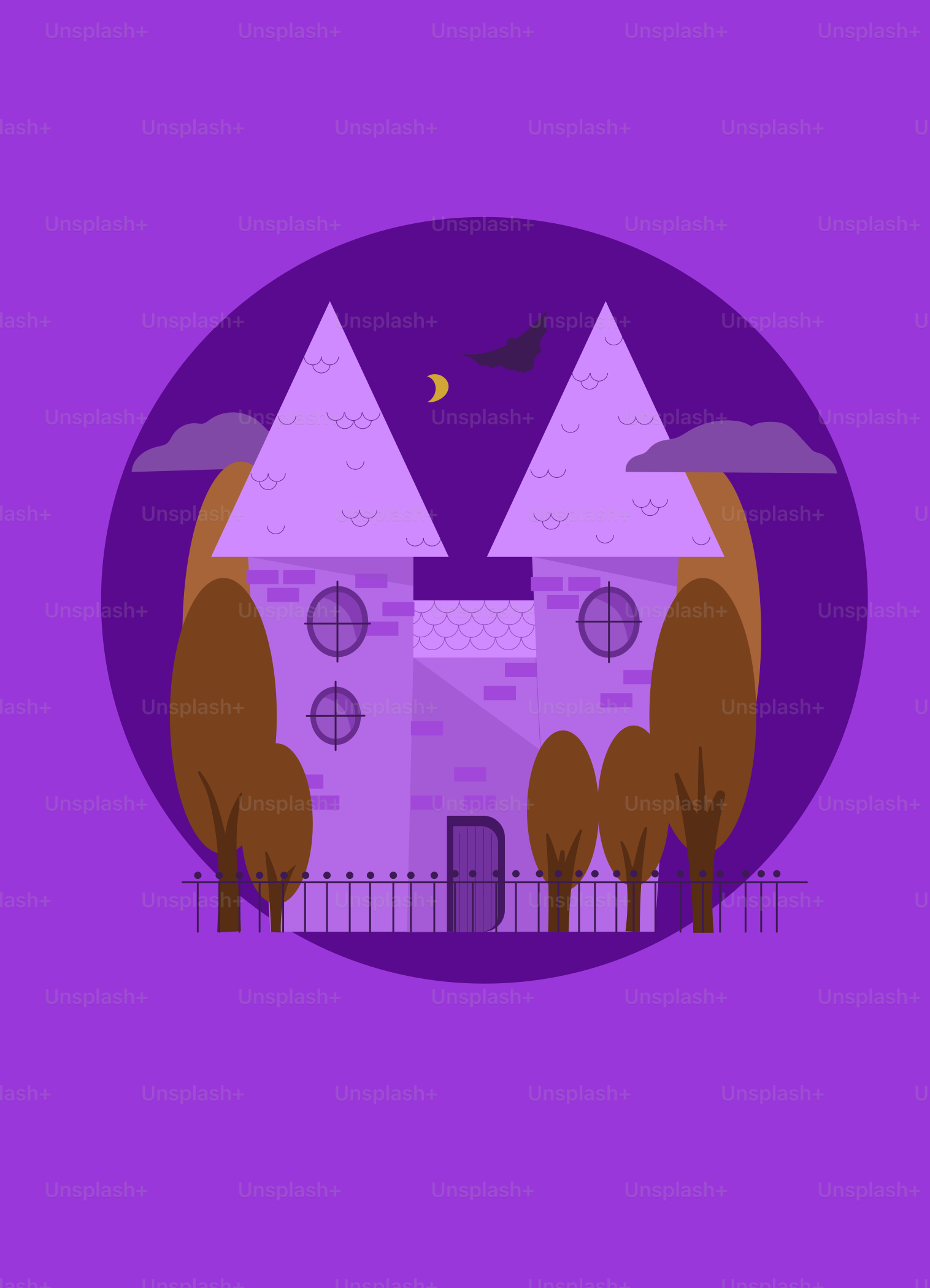 A purple background with a house and trees