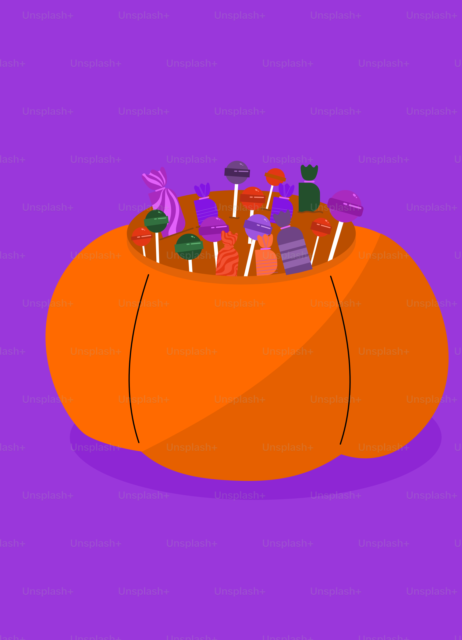 A bunch of lollipops sitting in a cup on a purple background