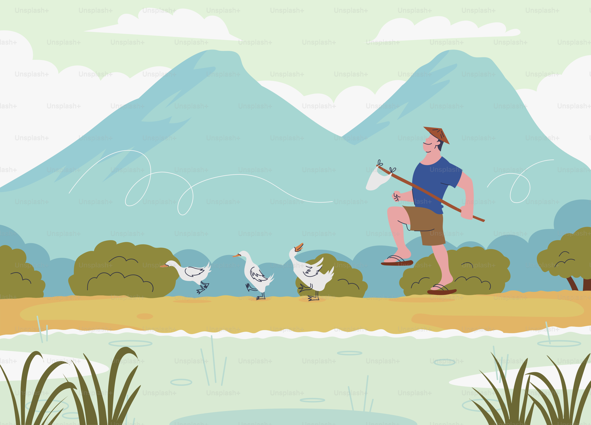 A man with a shovel is walking near a lake