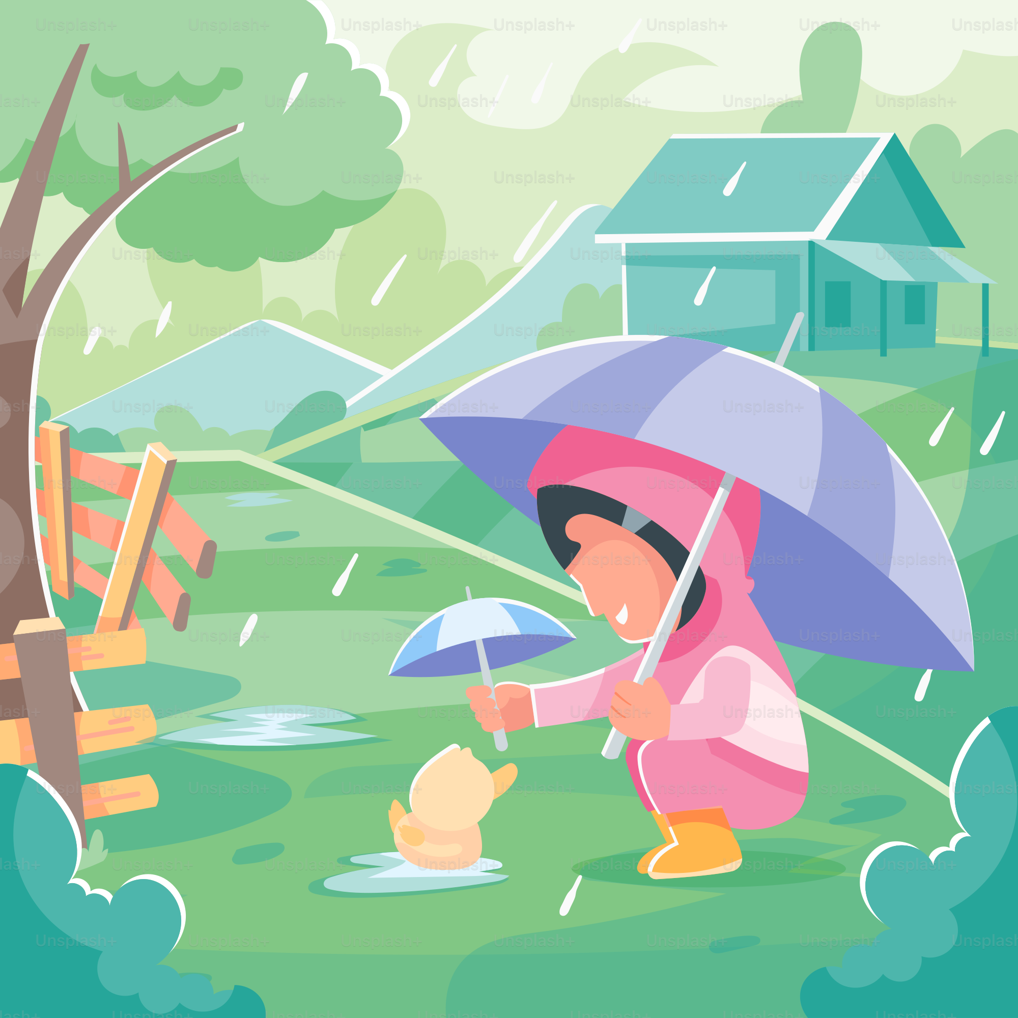 A little girl playing in the rain with an umbrella