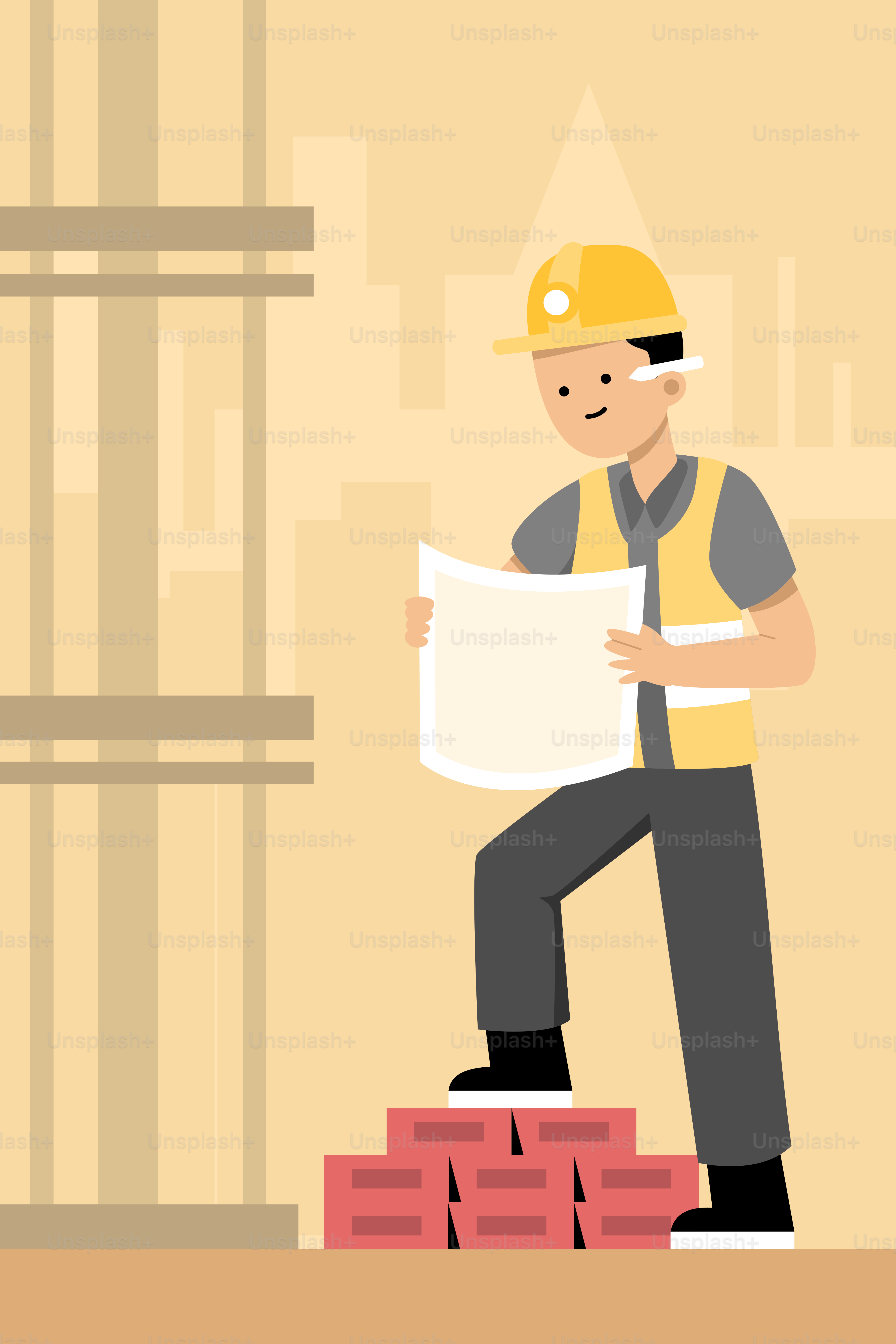 A man standing on a pile of bricks holding a piece of paper