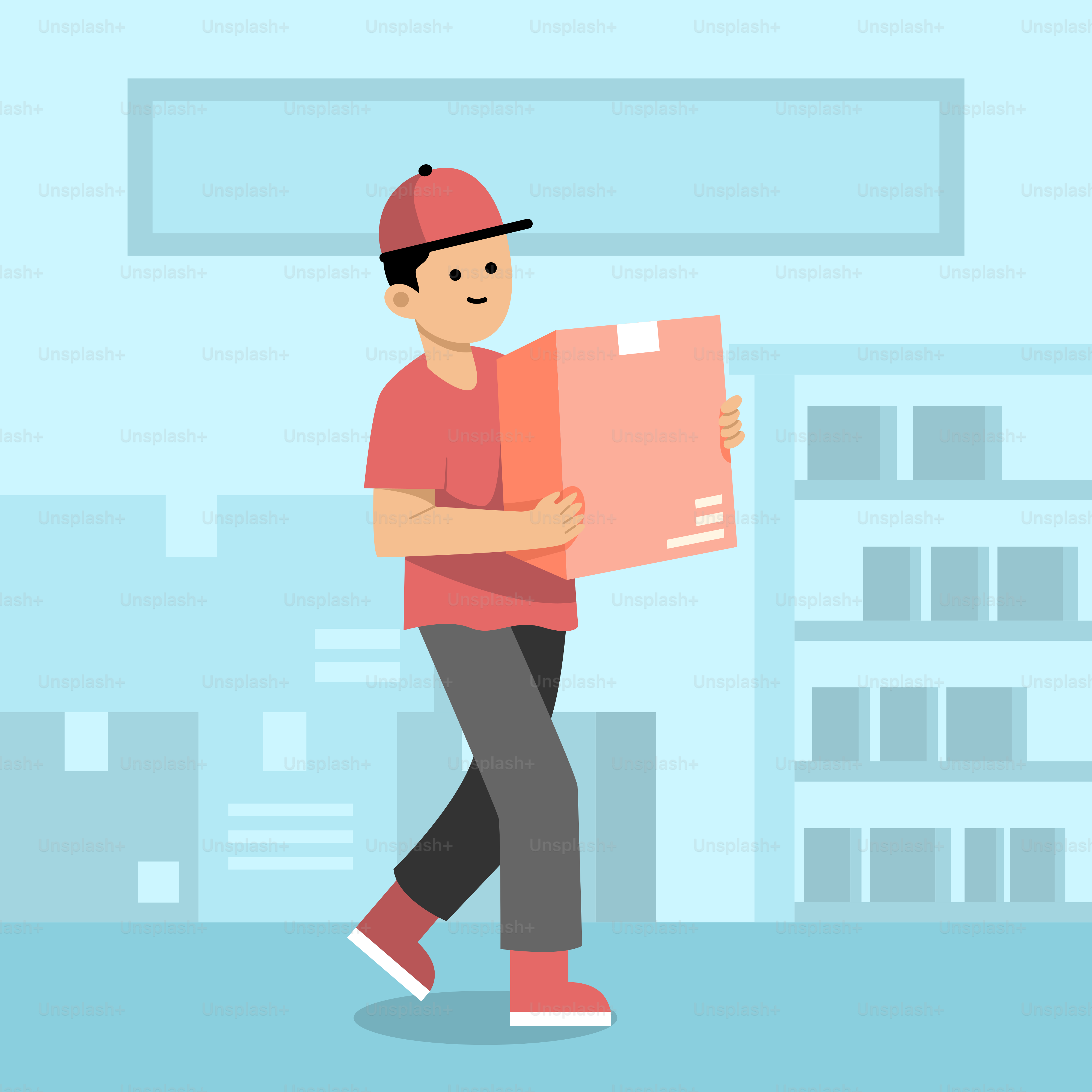 A man carrying a box in front of a building