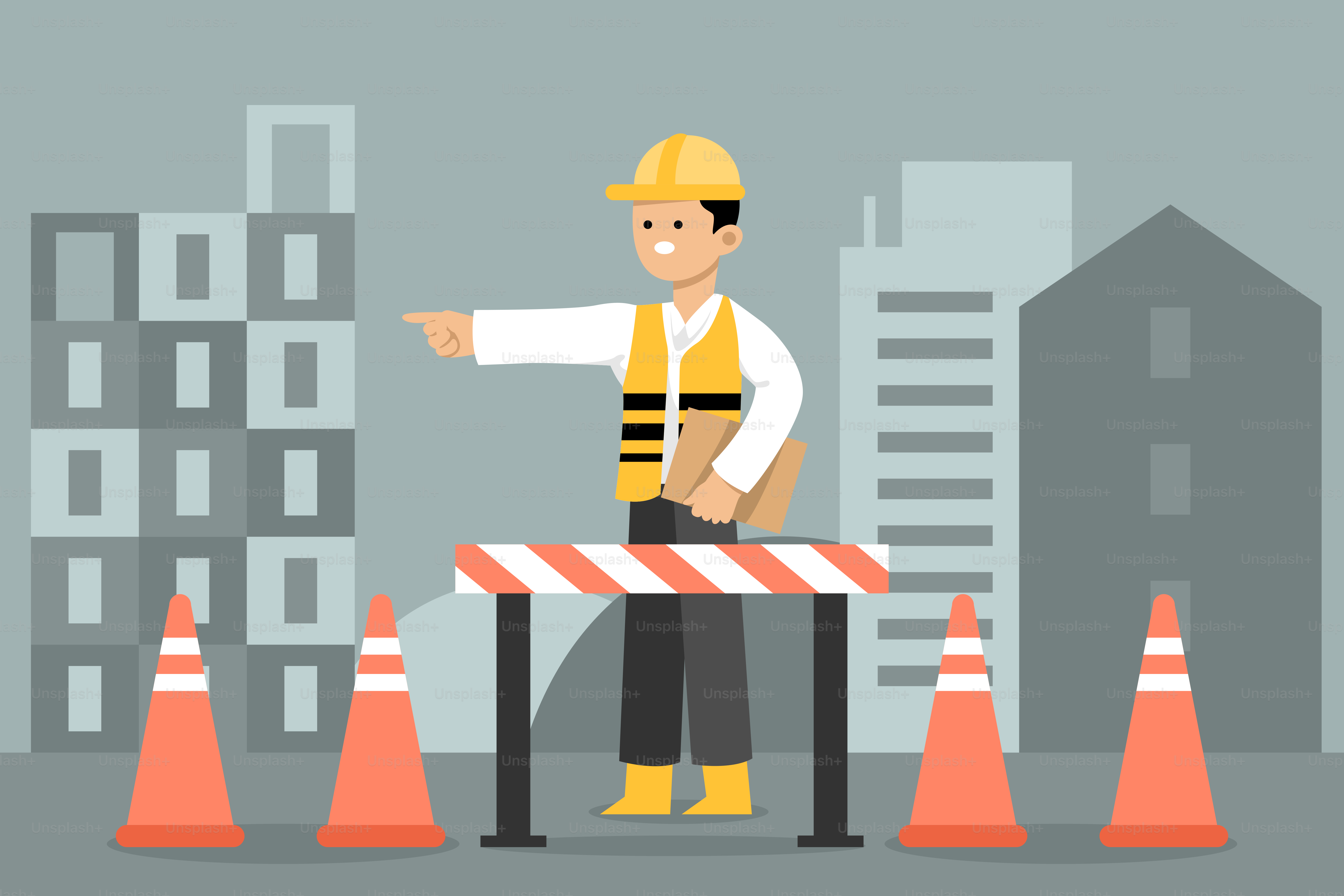 A construction worker pointing at a construction site