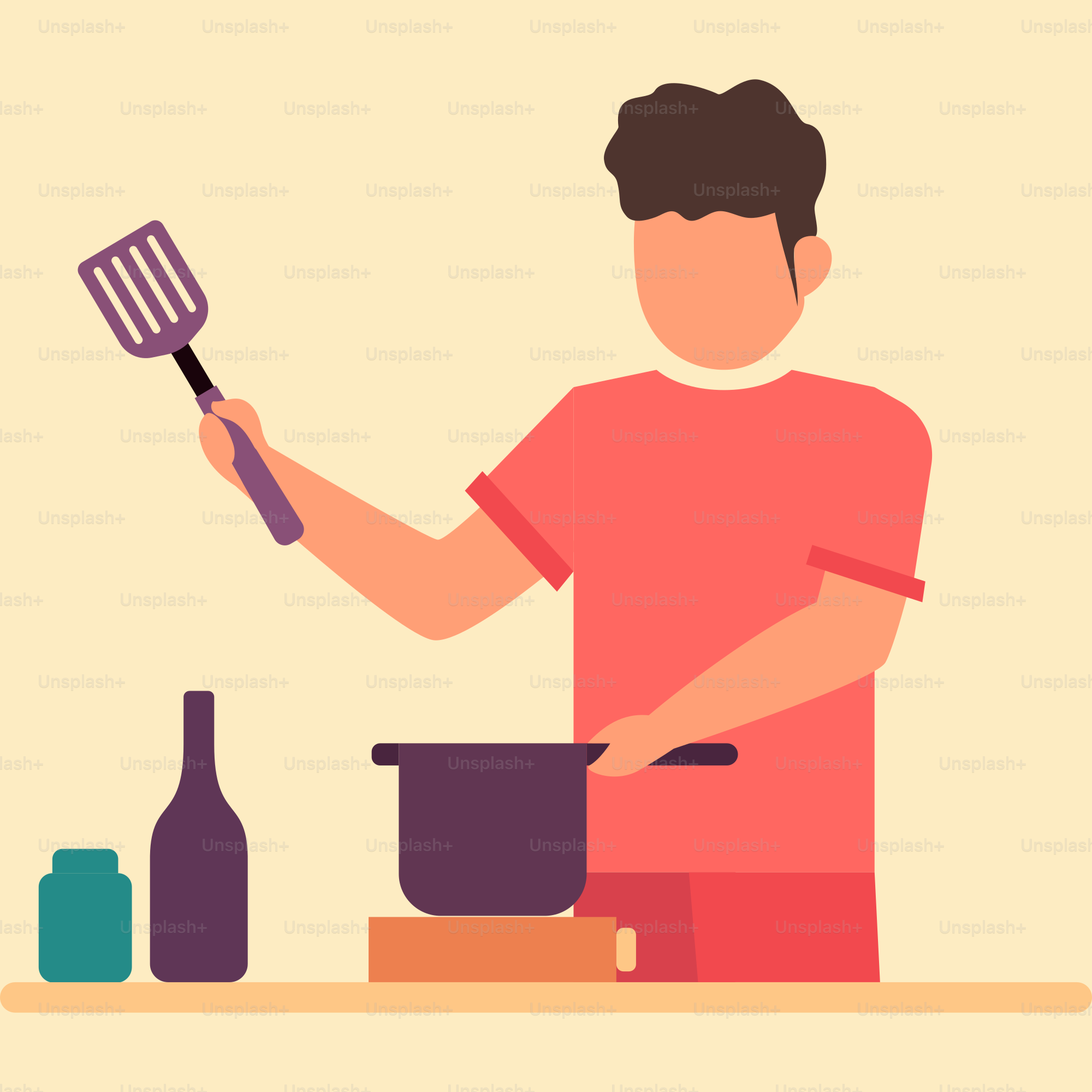 주걱으로 가스레인지에서 요리하는 남자