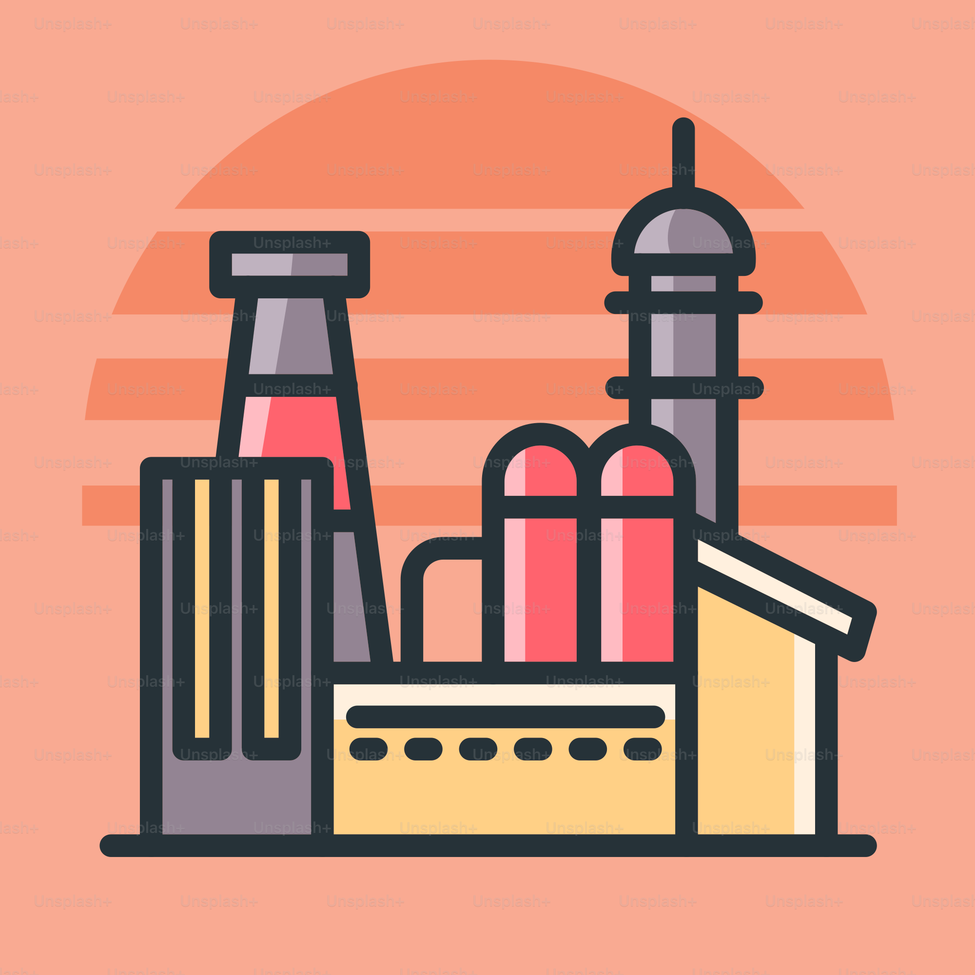 A pink background with a picture of a building and a lighthouse