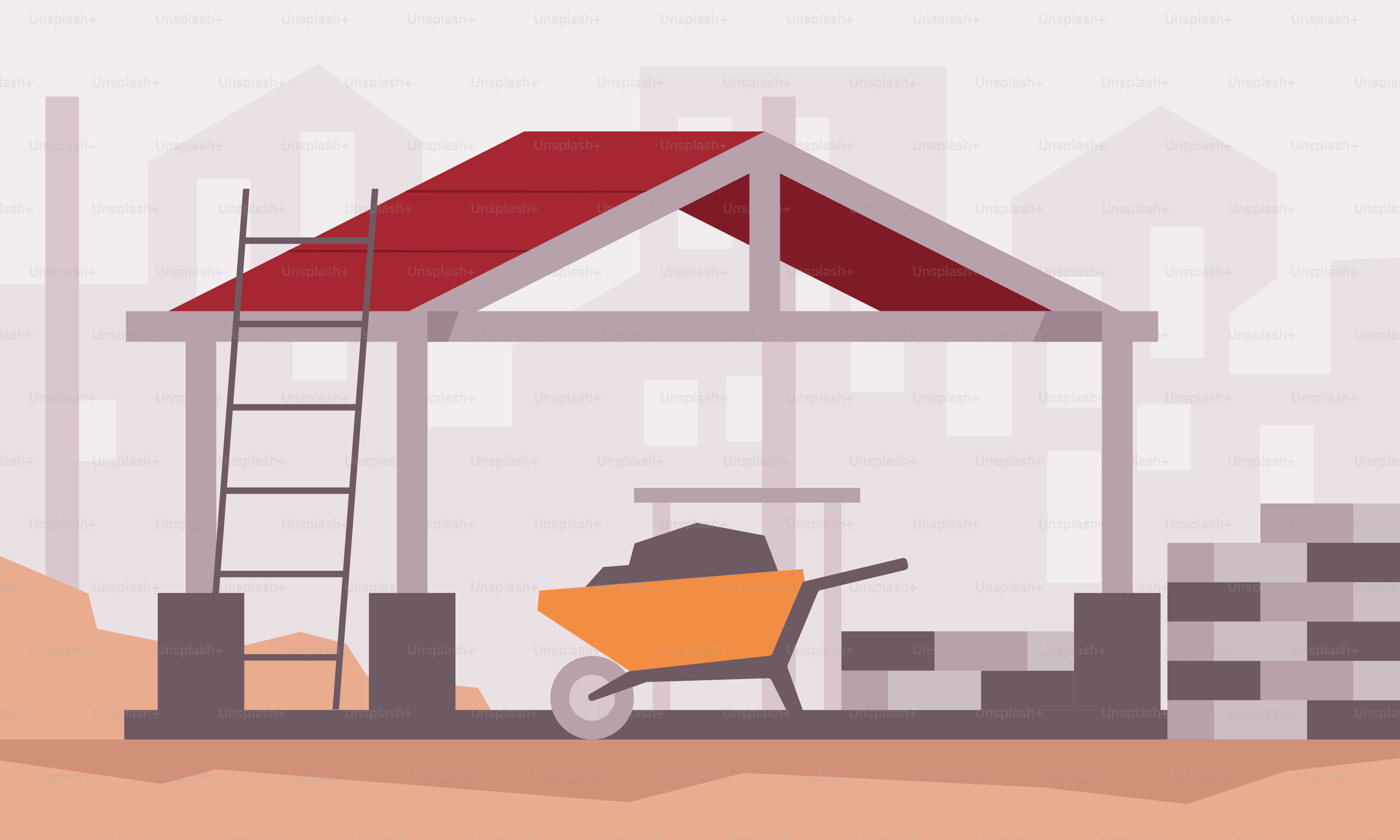 Un edificio con un techo rojo y una escalera