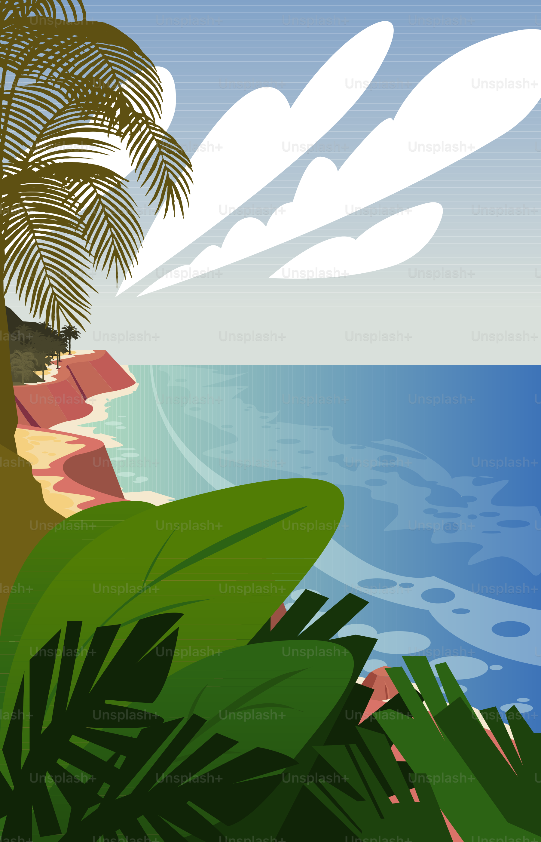 A tropical scene with palm trees and the ocean