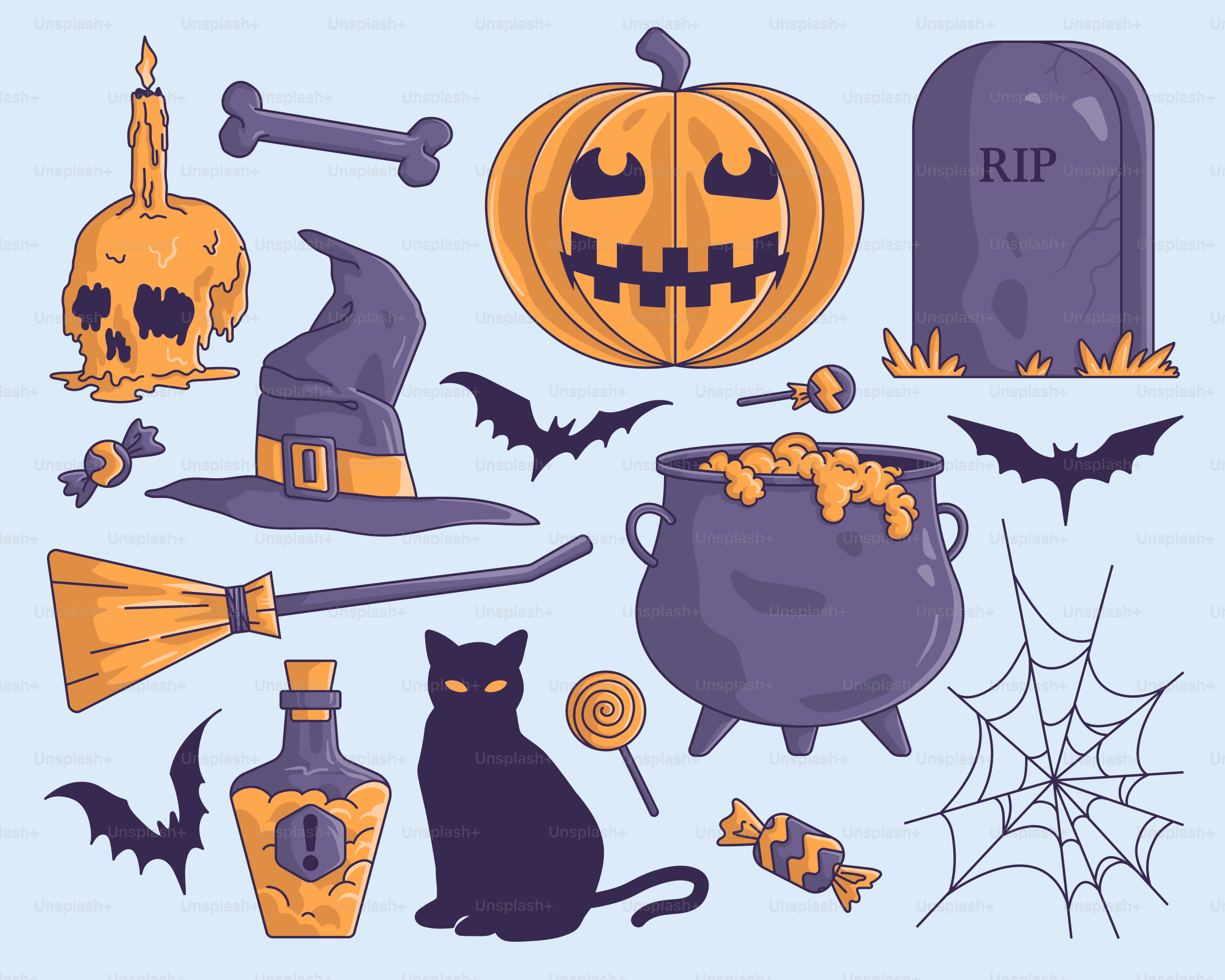 大釜、コウモリ、カボチャなどのハロウィンアイテムのコレクション