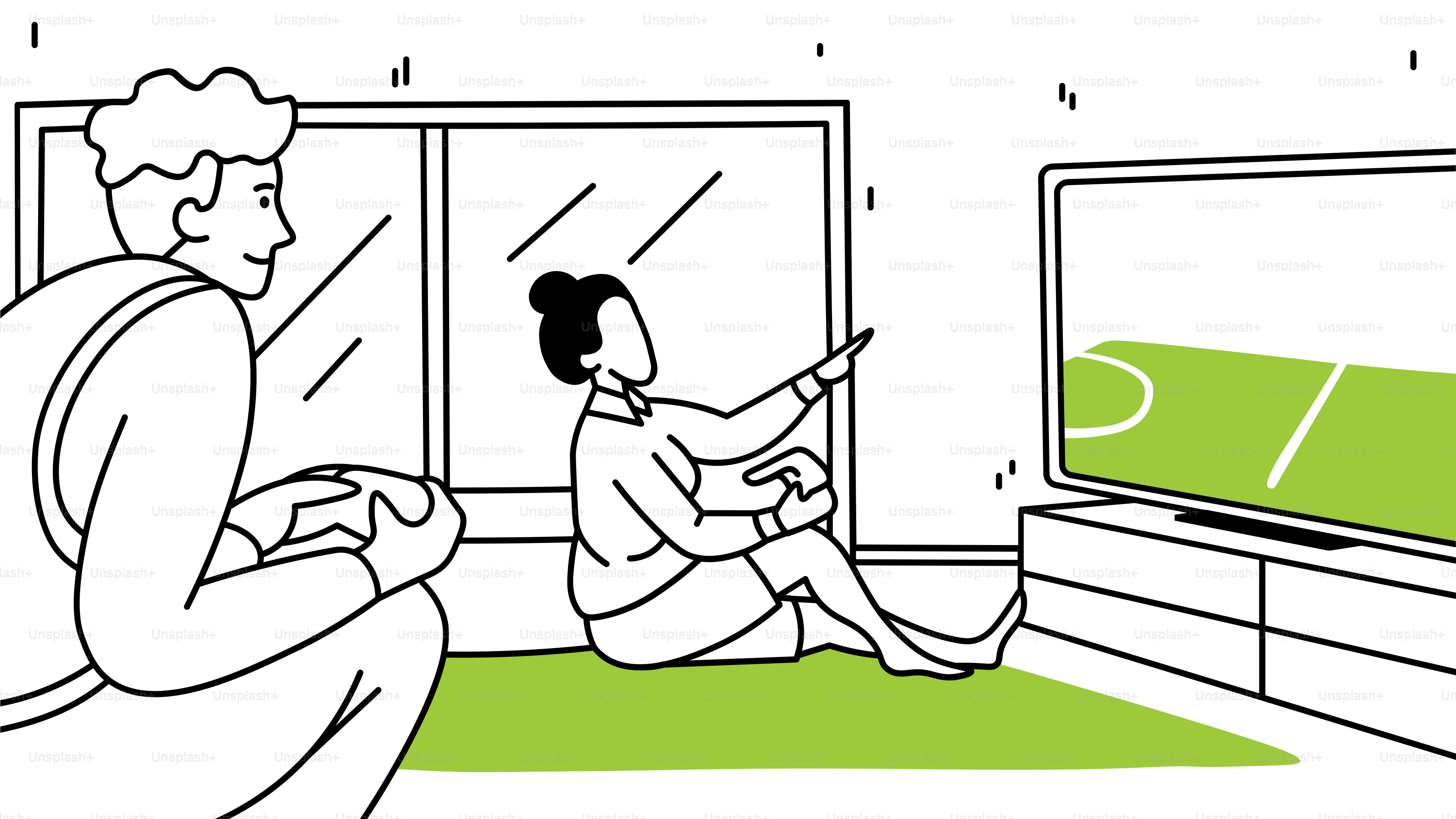 Un dibujo de un hombre y una mujer viendo la televisión