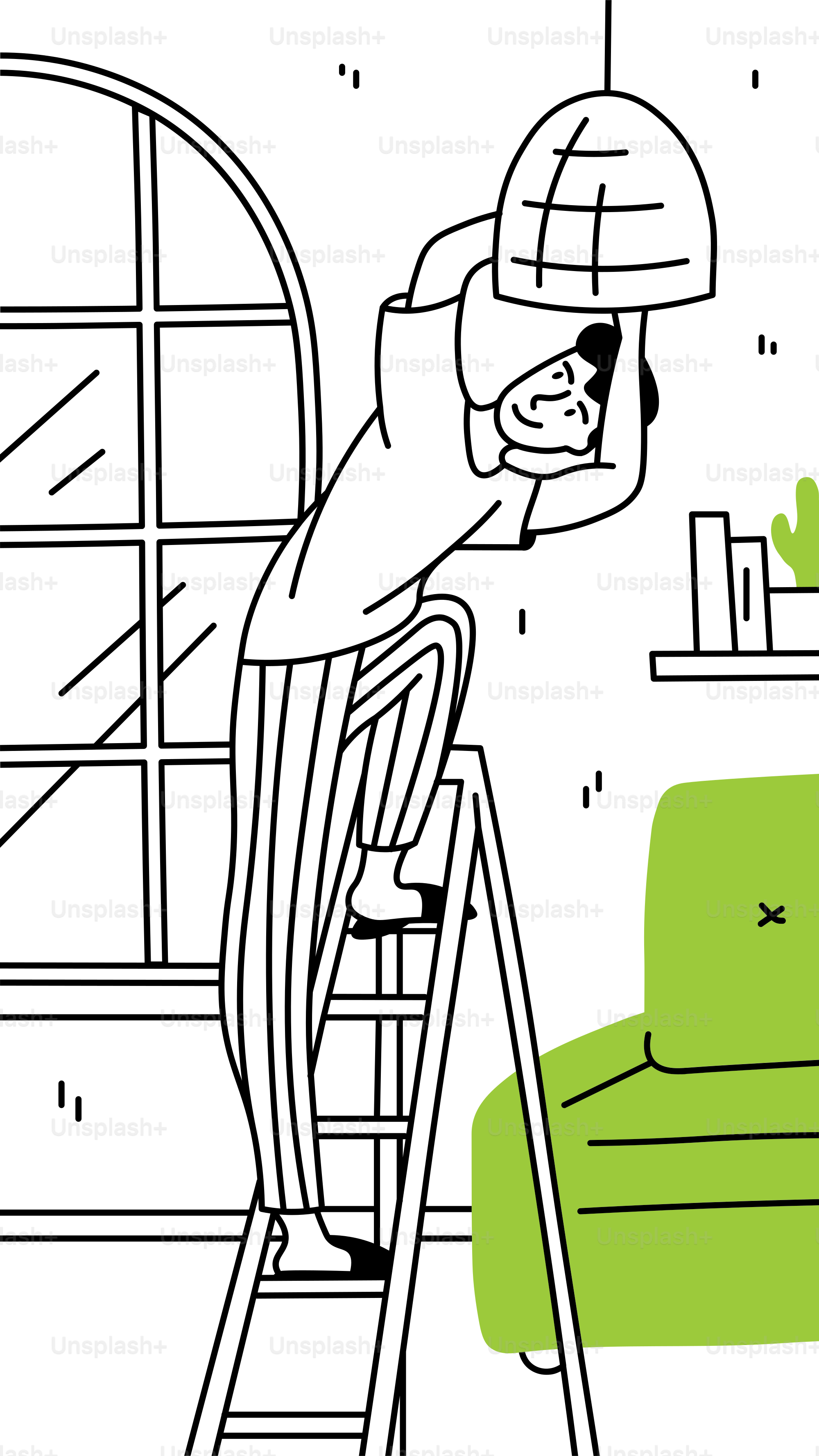 A man on a ladder working on a green couch