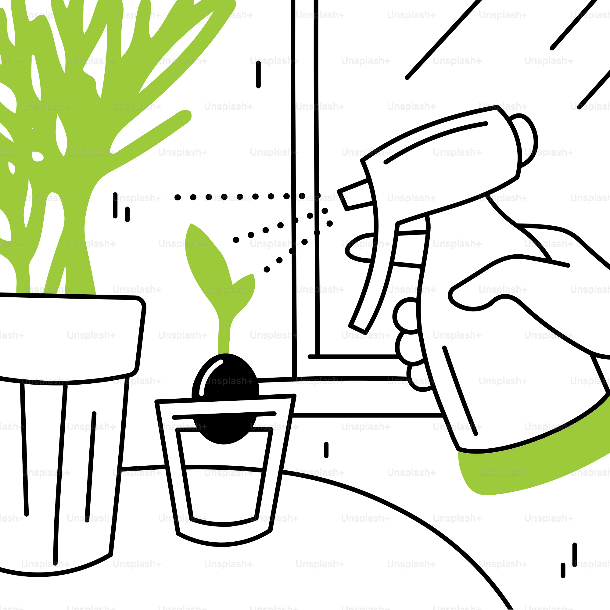 Eine Person hält ein Sprühgerät über eine Topfpflanze