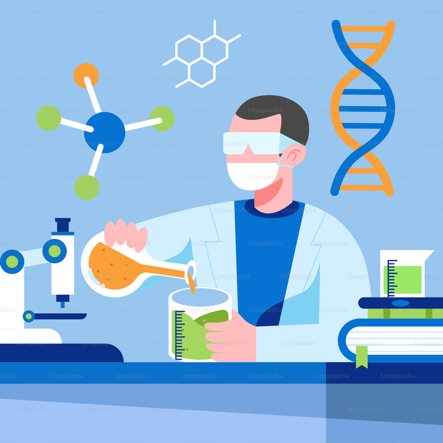 Um homem em um laboratório com um bico e um bico na mão