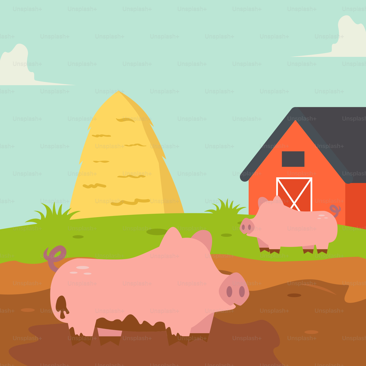 Dois porcos em cima de um campo de terra