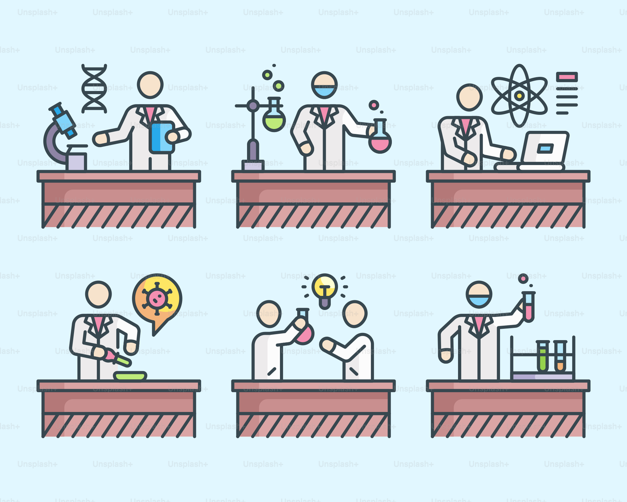 A line drawing of people working in a lab