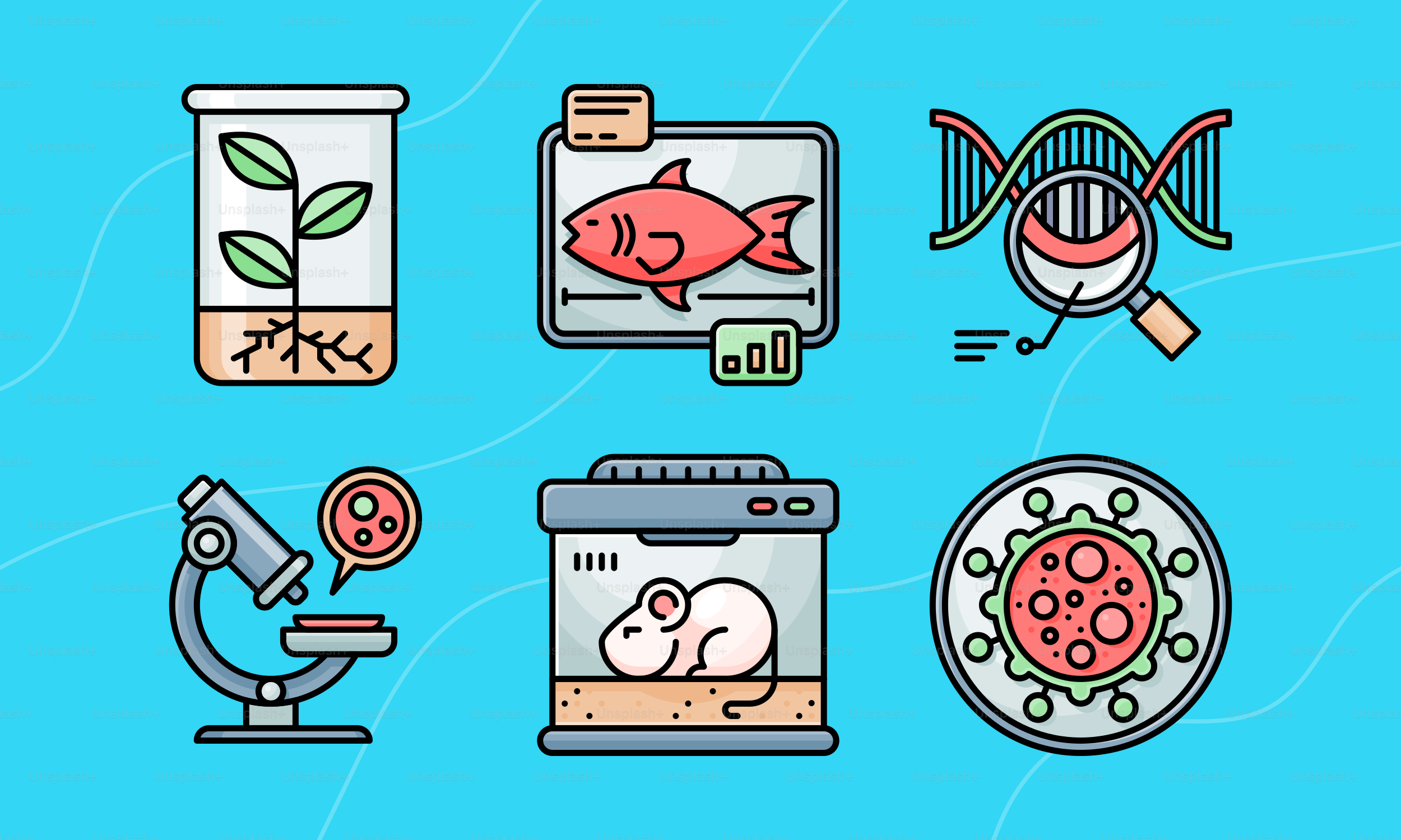 A blue background with a bunch of different items on it