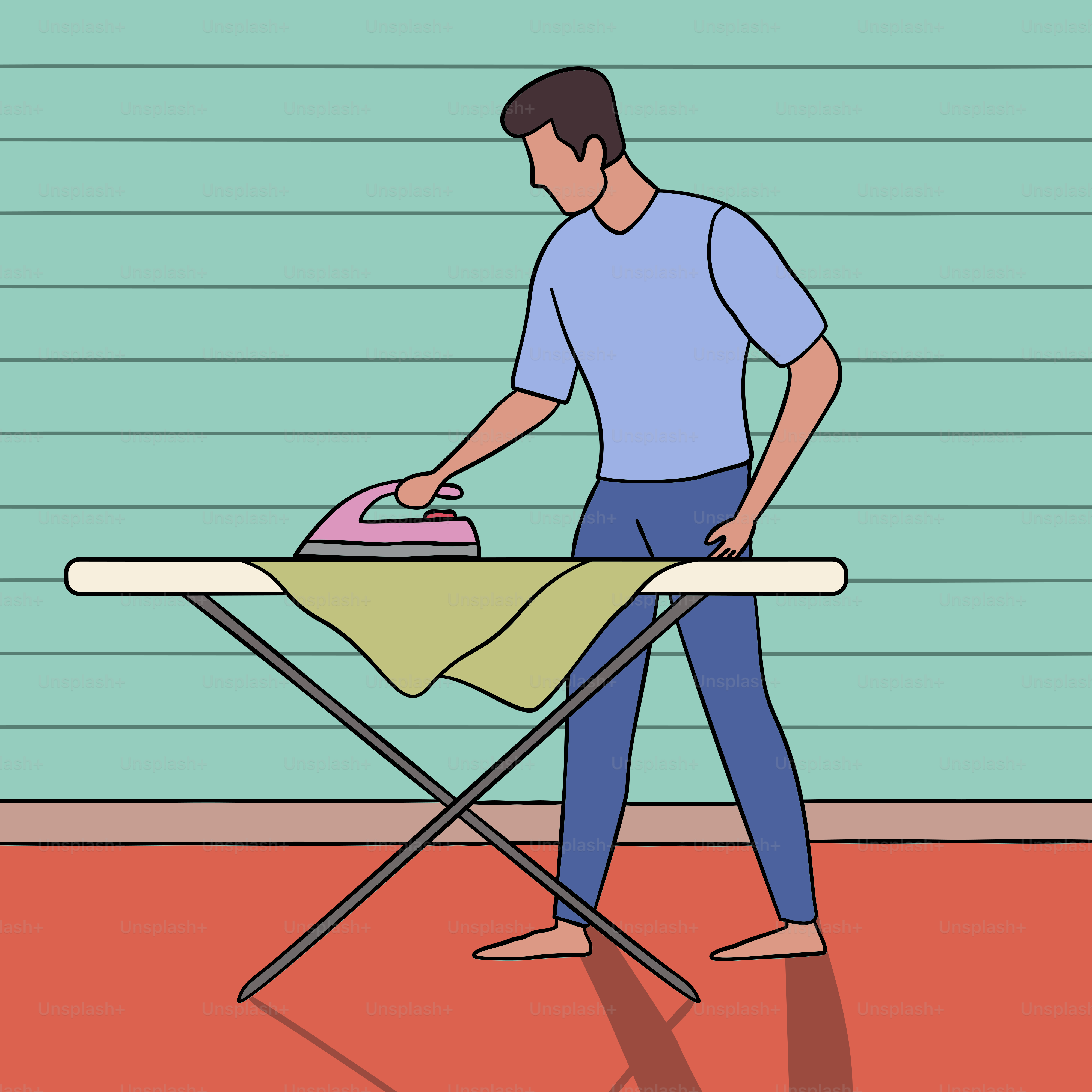 Ein Mann bügelt Kleidung auf einem Bügelbrett