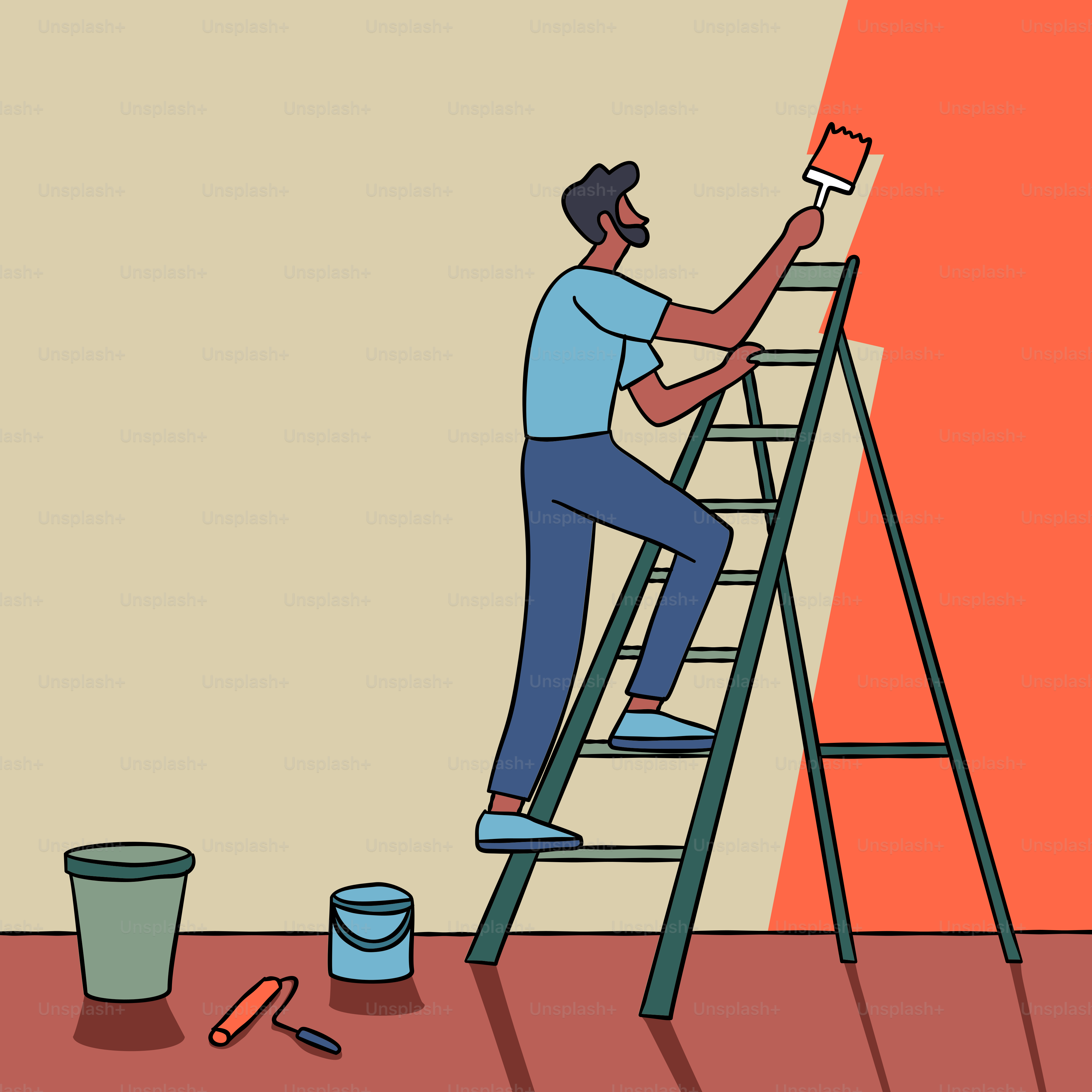 A man on a ladder painting a wall