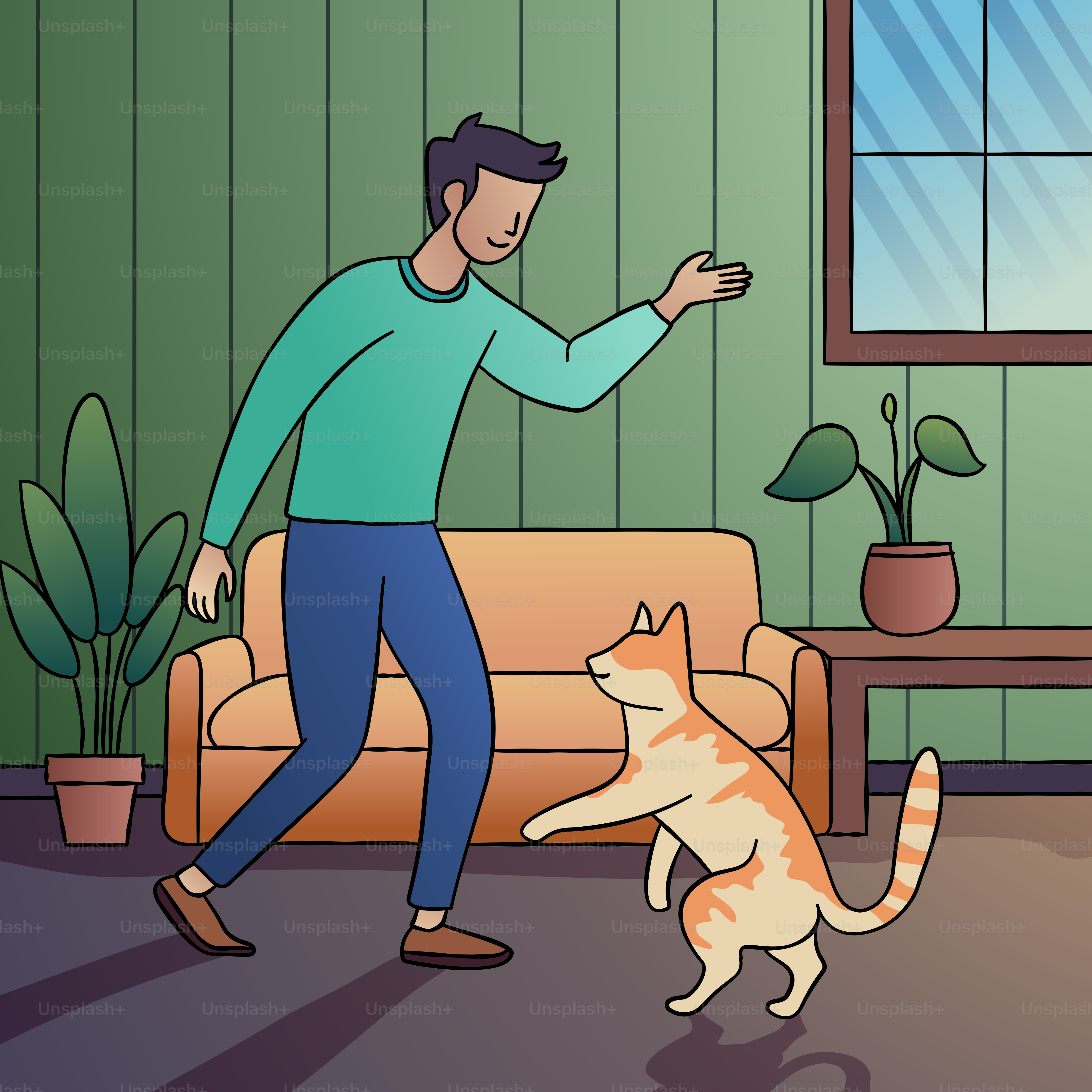 Ein Mann, der mit einer Katze im Wohnzimmer spielt