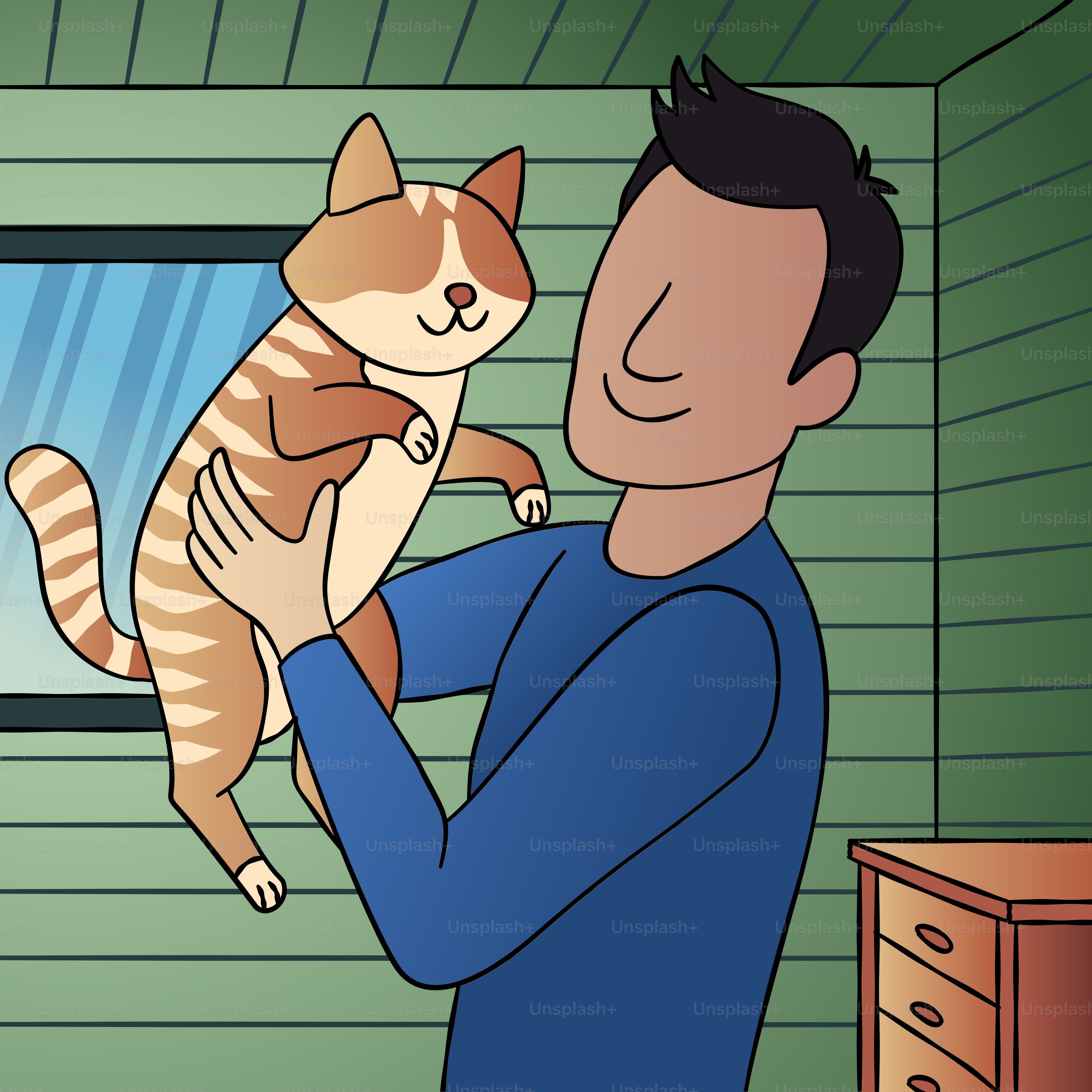 Ein Mann hält eine Katze vor sein Gesicht