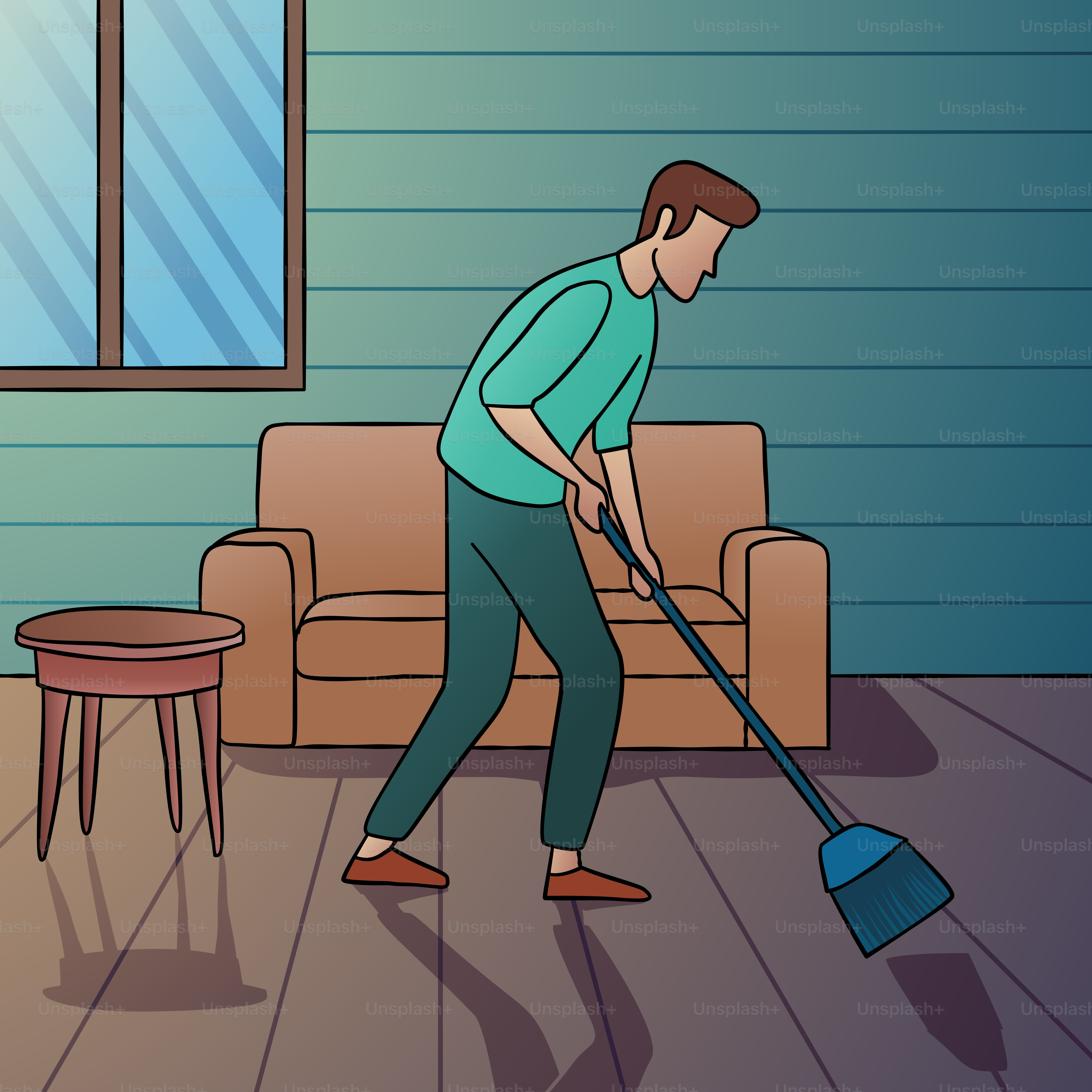 男がモップで床を掃除している